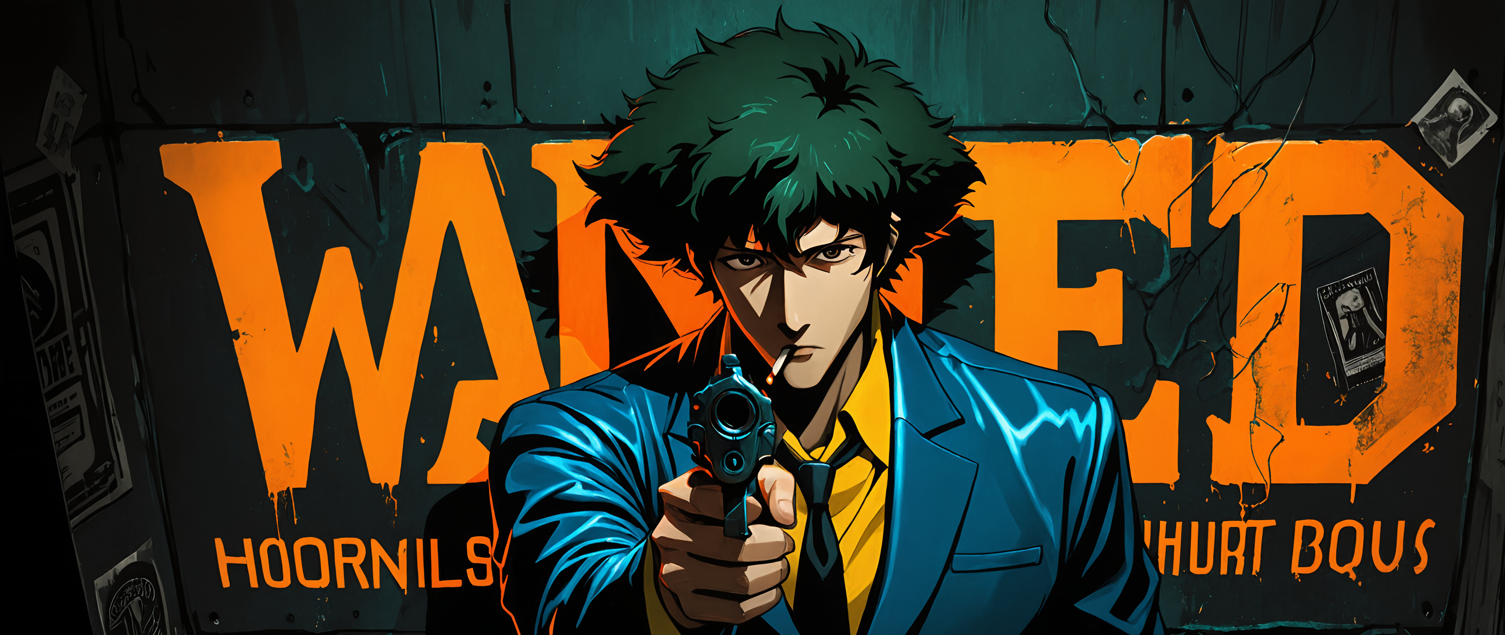 Eine im Anime-Stil gehaltene Illustration von Spike Spiegel aus Cowboy Bebop, der mit einer Pistole auf die Kamera zielt. Er hat zerzaustes, dunkelgrünes Haar, eine Zigarette im Mund und trägt einen blauen Anzug. Hinter ihm befindet sich eine Wand mit einem großen, leuchtenden „GESUCHT“-Schild.