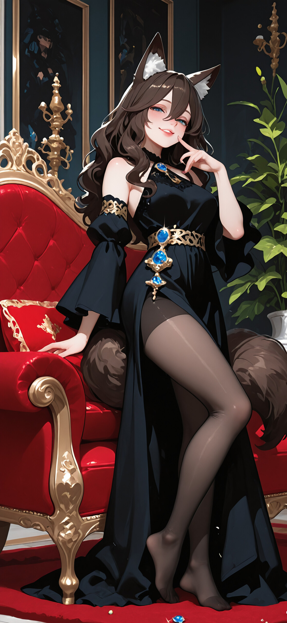 Ein Anime-Mädchen in Fuchsgestalt mit braunem Haar, spitzen Ohren und einem großen Schwanz, das ein dunkelblaues Kleid mit goldenen und blauen Edelsteinen trägt und verführerisch auf einem kunstvoll verzierten, roten und goldenen Sofa in einem luxuriösen Raum liegt.