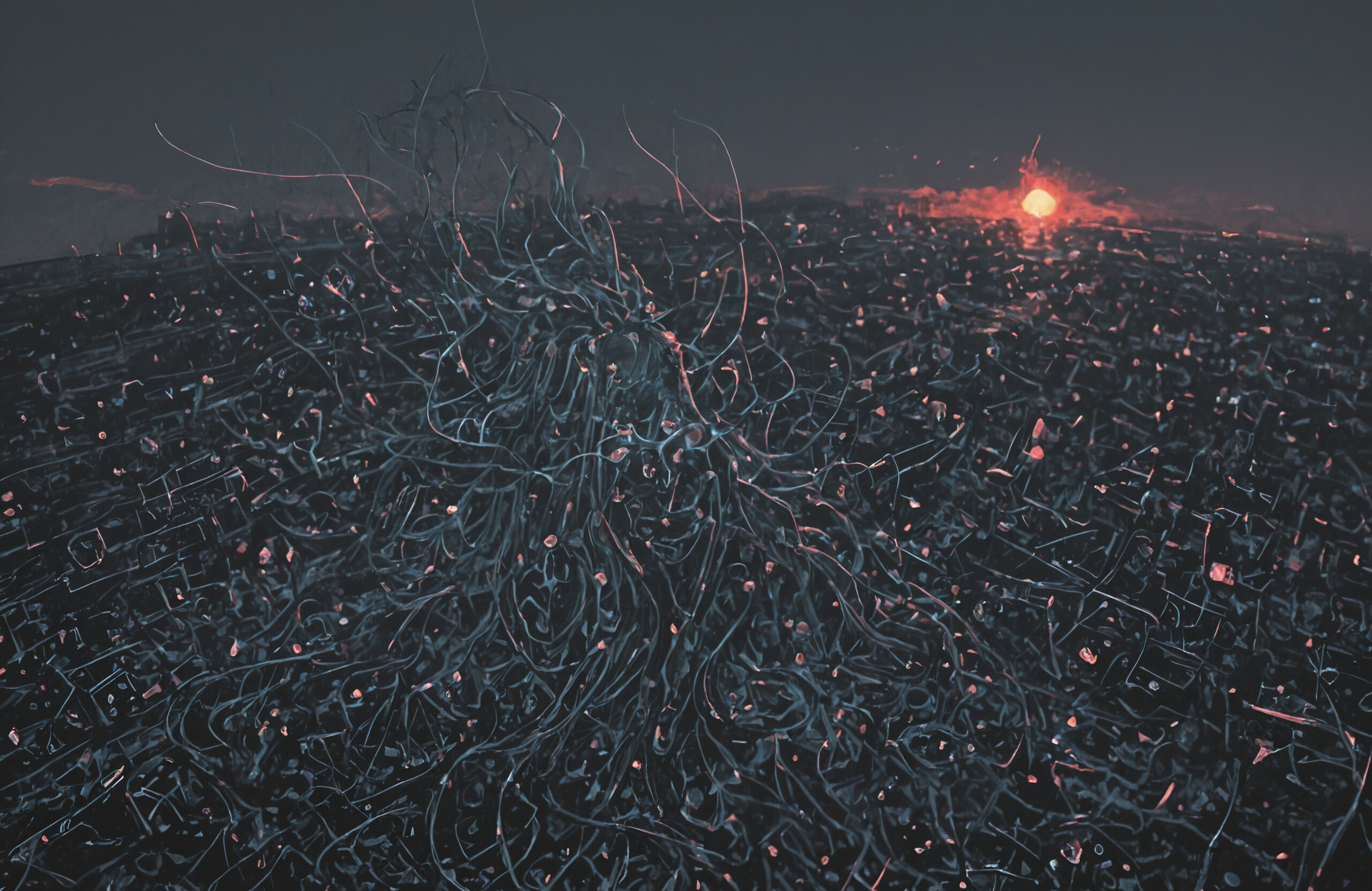 Ein Kunstwerk im Stil des Ukiyo-e, das einen ätherischen Geist darstellt, der aus miteinander verschlungenen, dunkelbraunen Wurzeln und Ästen besteht. Die Figur steht in einem chaotischen Wald vor einer großen, leuchtend orangefarbenen Sonne, die wie ein Heiligenschein wirkt.