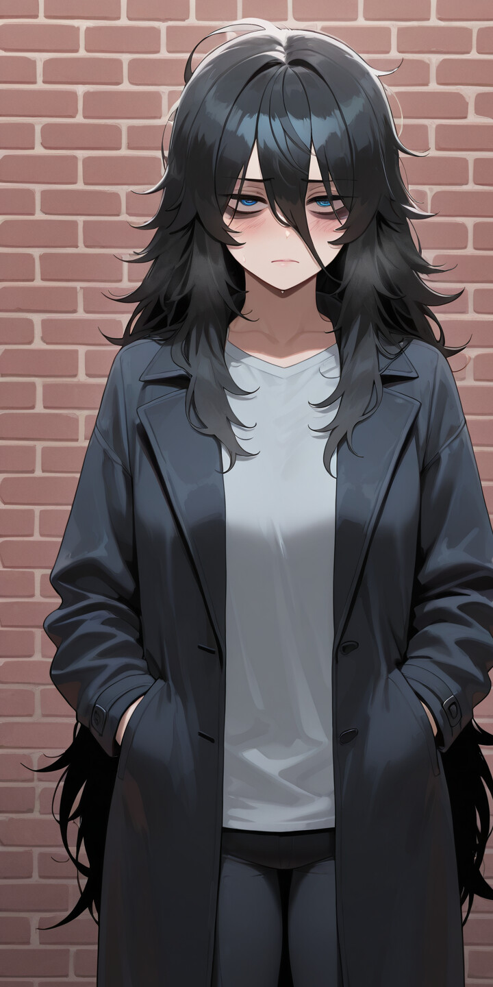 Ein Mädchen im Anime-Stil mit langem, unordentlichem, schwarzem Haar und müden, blauen Augen steht an einer Ziegelmauer. Sie trägt einen beigefarbenen Trenchcoat, einen schwarzen Rollkragenpullover und eine blaue Jeans, und ihre Hände stecken in den Taschen ihres Mantels.