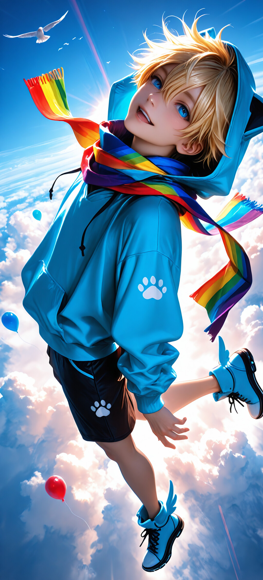 Ein Anime-Junge mit blonden Haaren und blauen Augen, der einen blauen Kapuzenpullover mit Katzenohren und einen Regenbogenschal trägt. Er lächelt, während er einen riesigen roten Spielzeughammer hält und hoch oben in einem sonnigen Himmel über den Wolken schwebt.