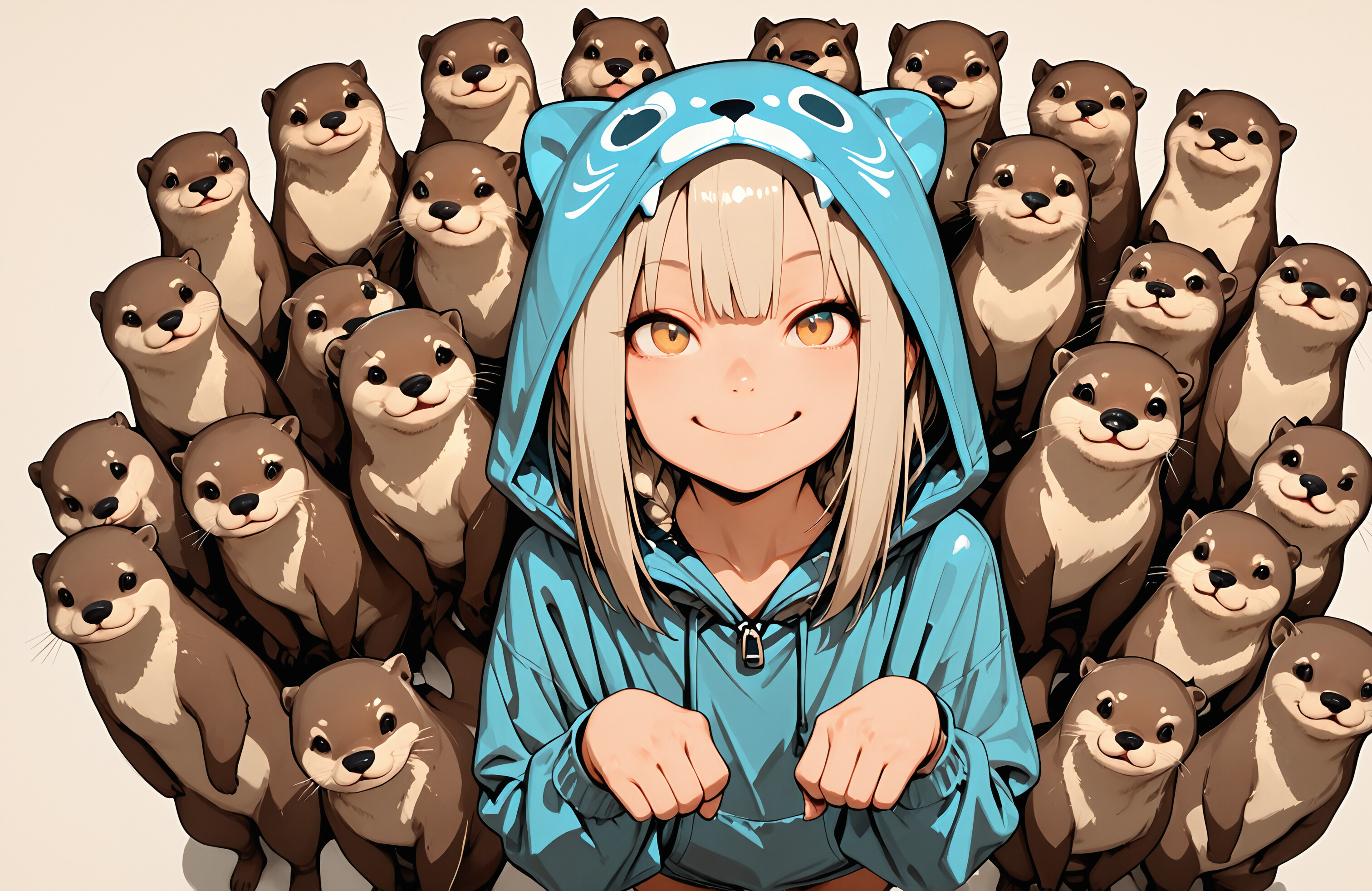 Ein Anime-Mädchen in einem blauen Kapuzenpullover mit Otter-Motiv lächelt, umgeben von einer großen Gruppe niedlicher Otter. Sie hält ihre Hände in einer Pose, die an Otterpfoten erinnert.