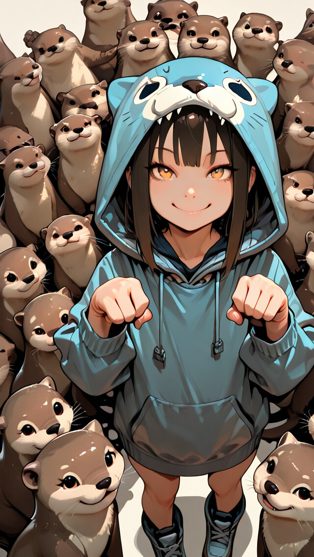Ein Anime-Mädchen in einem blauen Kapuzenpullover mit Otter-Motiv lächelt, umgeben von einer großen Gruppe niedlicher Otter. Sie hält ihre Hände in einer Pose, die an Otterpfoten erinnert.