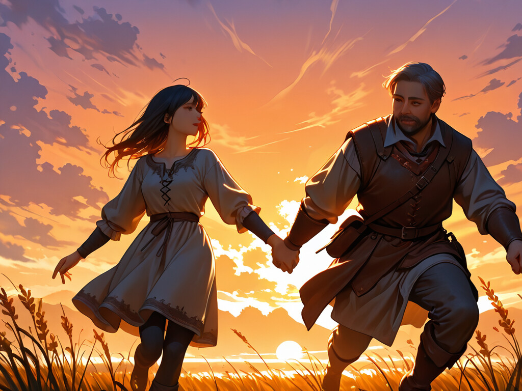 Eine fantastische Illustration, die einen großen, kräftigen Ritter und ein junges Mädchen zeigt, die Hand in Hand über eine grasbewachsene Wiese laufen, während ein leuchtend orangefarbenes Abendrot den Himmel färbt. Der Mann trägt eine Rüstung, und das Mädchen trägt ein blaues Kleid.