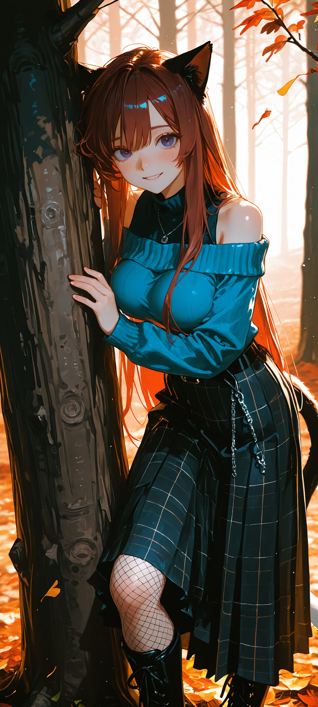 Eine Ganzkörperillustration eines Anime-Mädchens mit Katzenohren, langen braunen Haaren und violetten Augen, das einen blauen Pullover mit freiem Schulterbereich und einen karierten Rock trägt und in einem Herbstwald vor einem großen Baum steht.