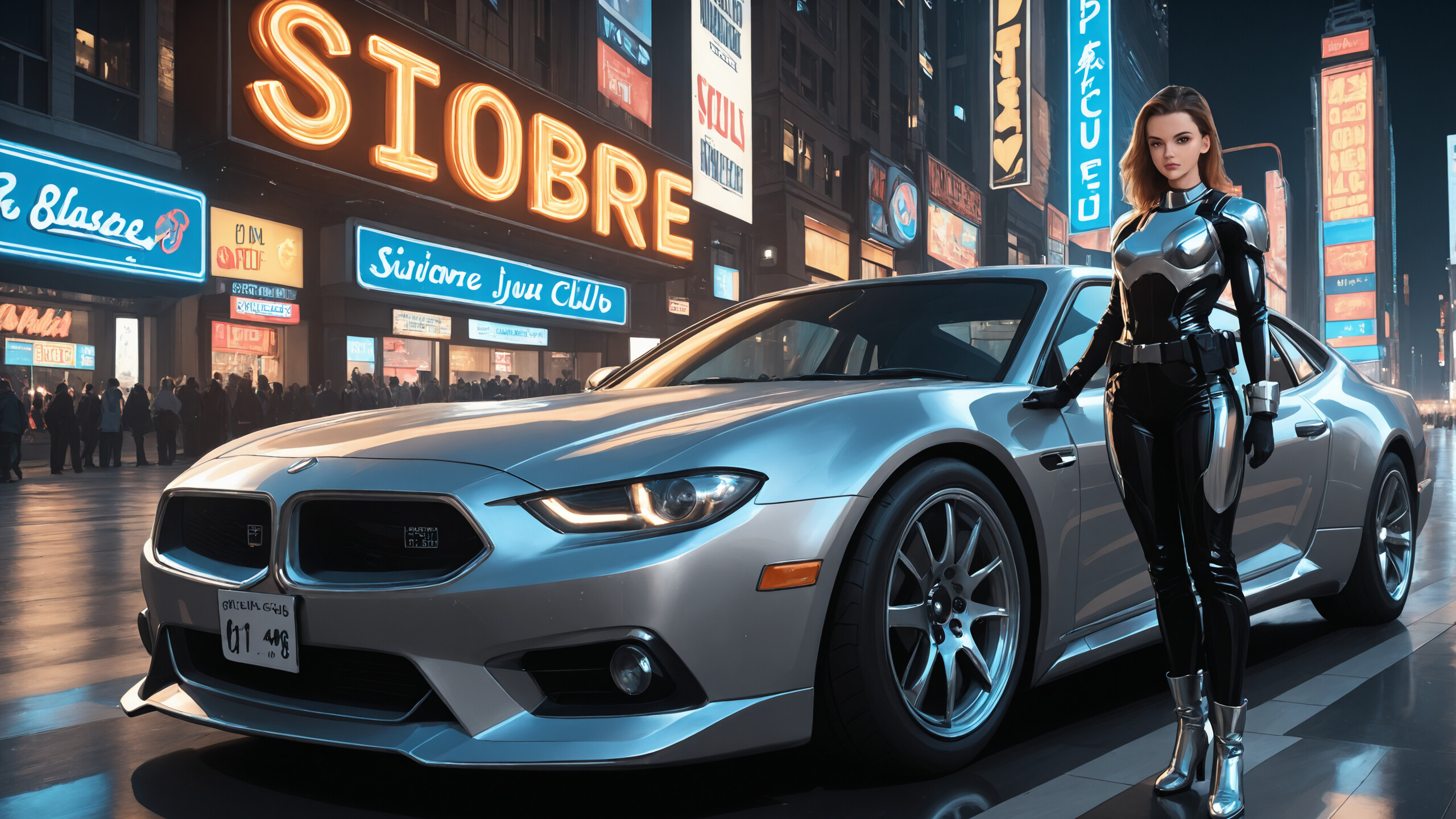 Eine Ganzkörperillustration einer Frau in einem futuristischen, schwarzen und chromfarbenen Kampfanzug, die nachts eine nasse Stadtstraße entlanggeht. Sie wird von zwei silbernen Oldtimer-Autos flankiert und von leuchtenden Neonreklamen umgeben.