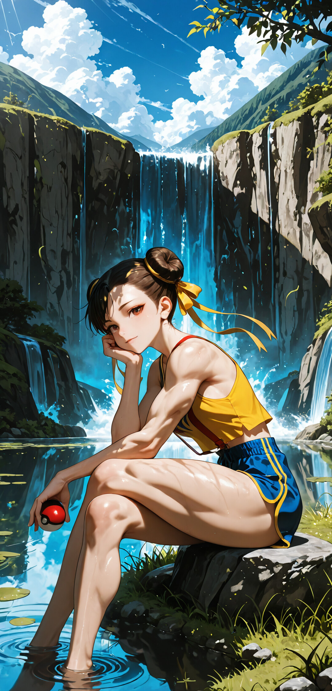 Chun-Li aus Street Fighter sitzt an einem See in einer sonnigen, naturnahen Umgebung mit einem Wasserfall. Sie trägt ein gelbes Oberteil und eine blaue Shorts und ist als Pokémon-Trainerin gekleidet. Sie hält einen Pokéball in der Hand und lächelt den Betrachter an.