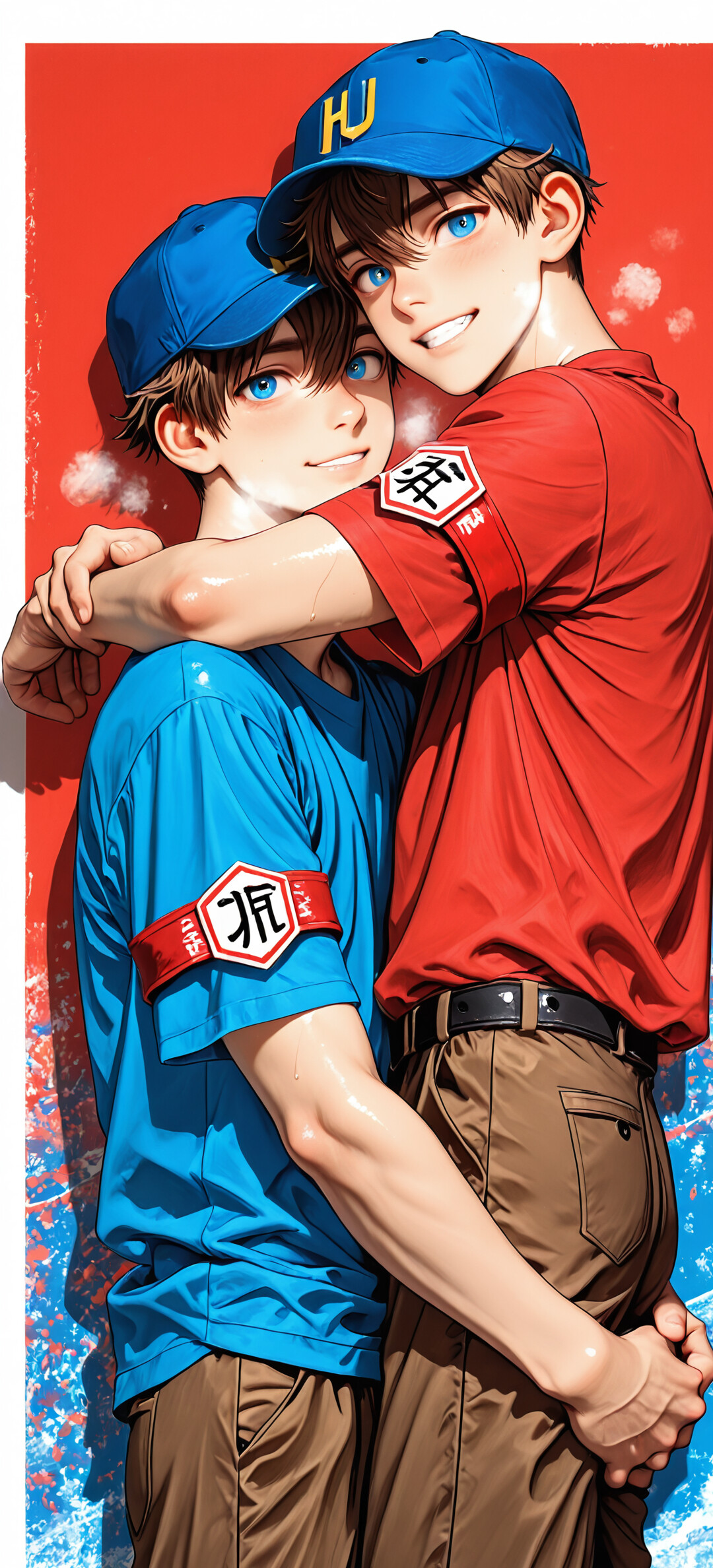 Ein junger Mann im Anime-Stil mit braunen Haaren und leuchtend blauen Augen, der ein blaues Hemd und eine Baseballkappe mit einem „H“ trägt, sitzt selbstbewusst mit verschränkten Armen und Beinen vor einer roten Wand und lächelt.