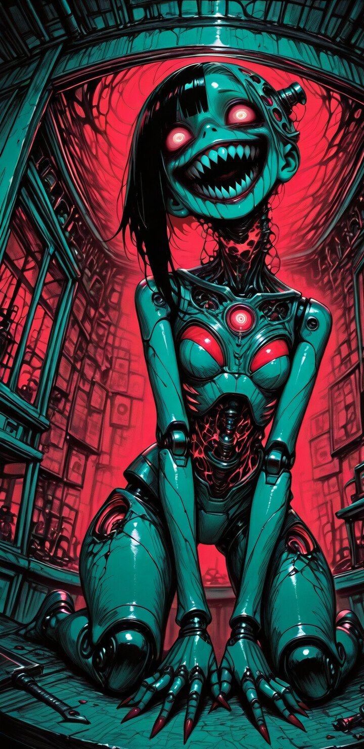 Ein blasses, weibliches Robotermodell mit einem breiten, zahnreichen Grinsen und manischen Augen kniet auf dem Boden eines düsteren Science-Fiction-Raumes. Hinter ihr sind schemenhafte Gestalten mit leuchtenden Augen durch rot beleuchtete Fenster zu erkennen.
