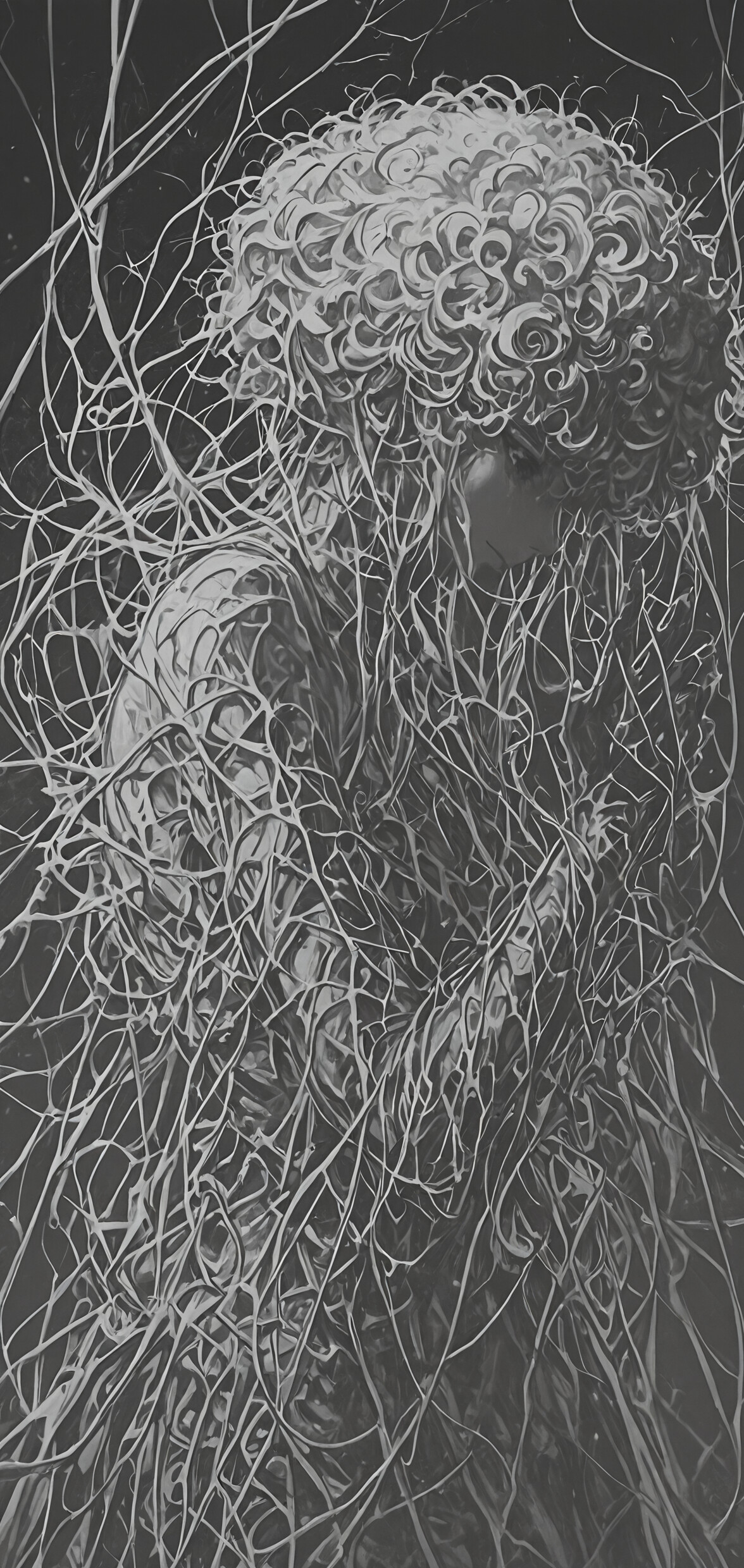 Eine schwarz-weiße, sehr detaillierte Illustration einer Frau im Profil. Sie hat große, ausdrucksstarke Augen und kurze, dicht gelockte, weiße Haare. Ein kompliziertes, weißes, netzartiges Muster bedeckt ihren Hals und ihre Schultern vor einem dunklen, abstrakten Hintergrund.