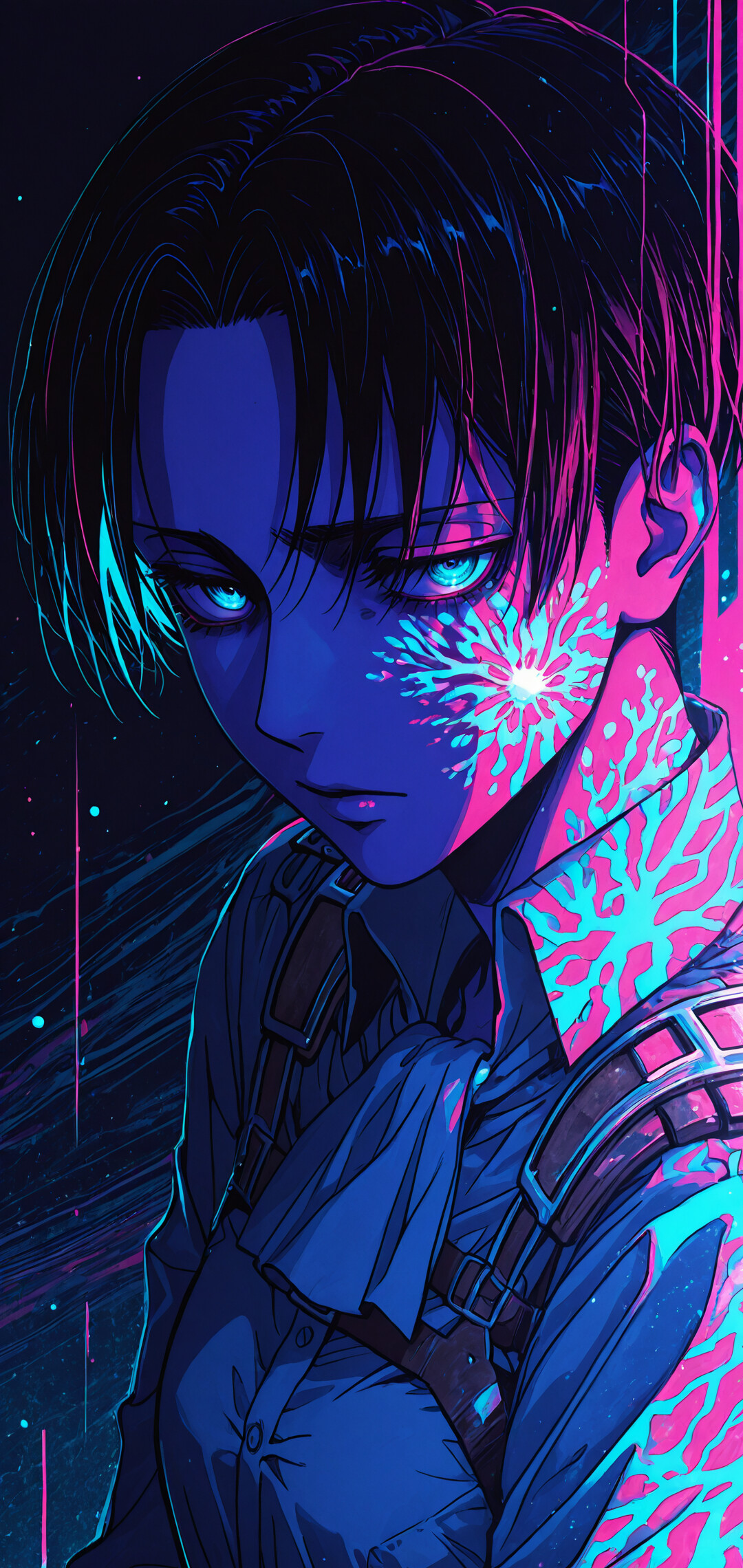Eine im Anime-Stil gehaltene Illustration von Levi Ackerman aus „Attack on Titan“, wobei seine Hand auf seiner Brust liegt. Das Kunstwerk zeichnet sich durch eine lebendige, neonfarbene Farbpalette in Blau-, Rosa- und Lilatönen sowie einen abstrakten, dynamischen Hintergrund aus.