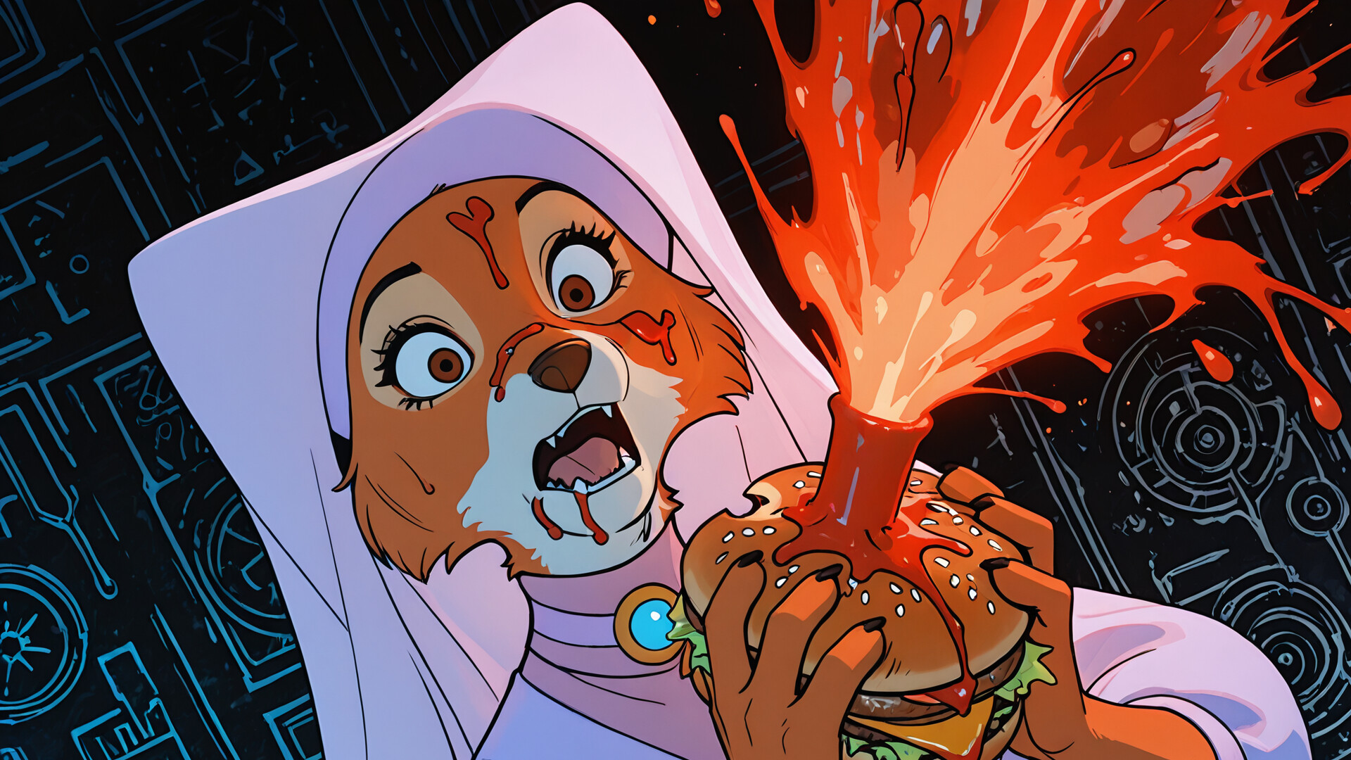 Eine Illustration von Maid Marian, dem Fuchs aus Disneys Robin Hood, die schockiert dreinschaut, während sie genüsslich in einen großen Käseburger beißt. Ketchup ist auf ihrem Gesicht verschmiert und tropft vom Burger, vor einem roten und orangefarbenen, dynamischen Hintergrund.