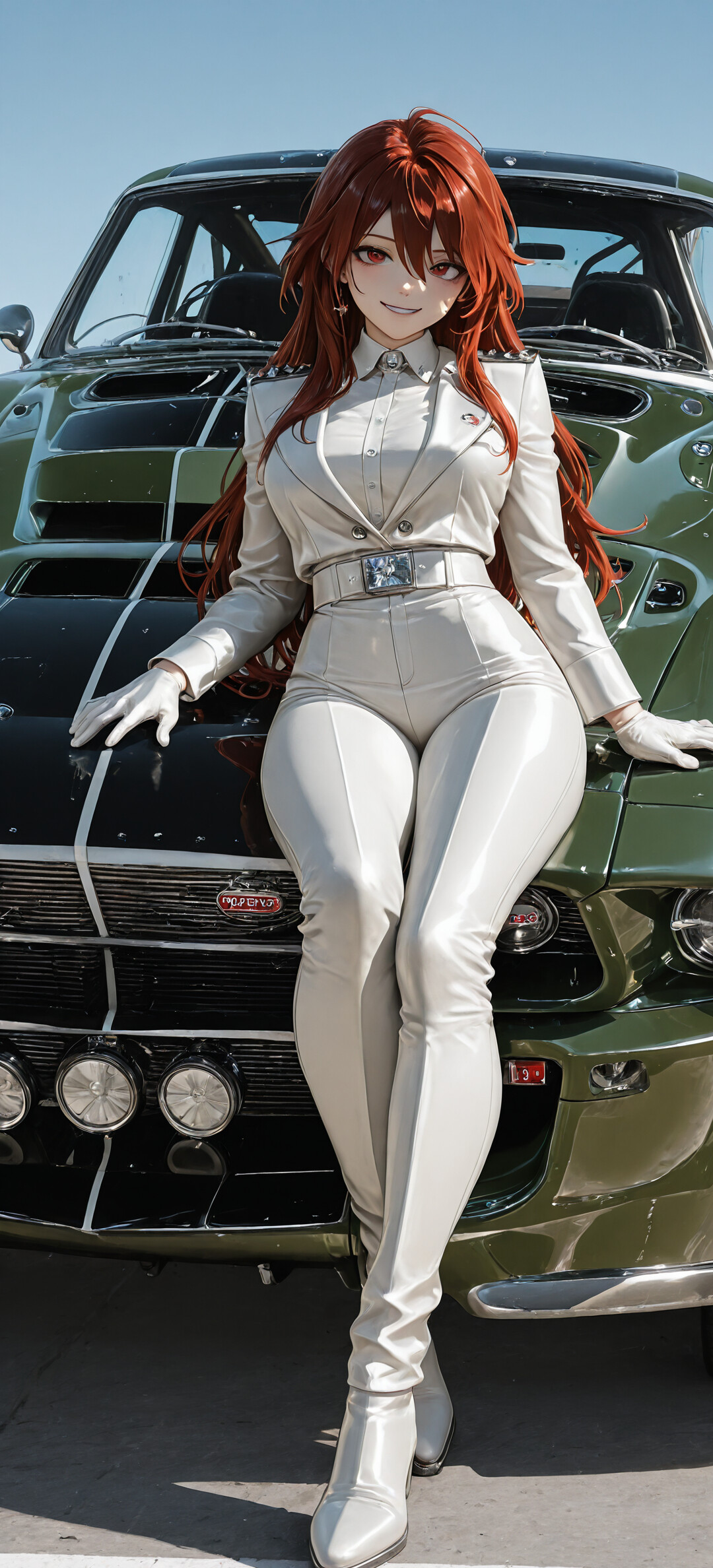 Frontale Ansicht eines stark modifizierten, klassischen Ford Mustang in einem tiefen Grünton. Das Fahrzeug hat einen individuell gestalteten Kühlergrill und fünf runde Scheinwerfer an der vorderen Stoßstange. Es steht an einem sonnigen Tag im Freien geparkt.