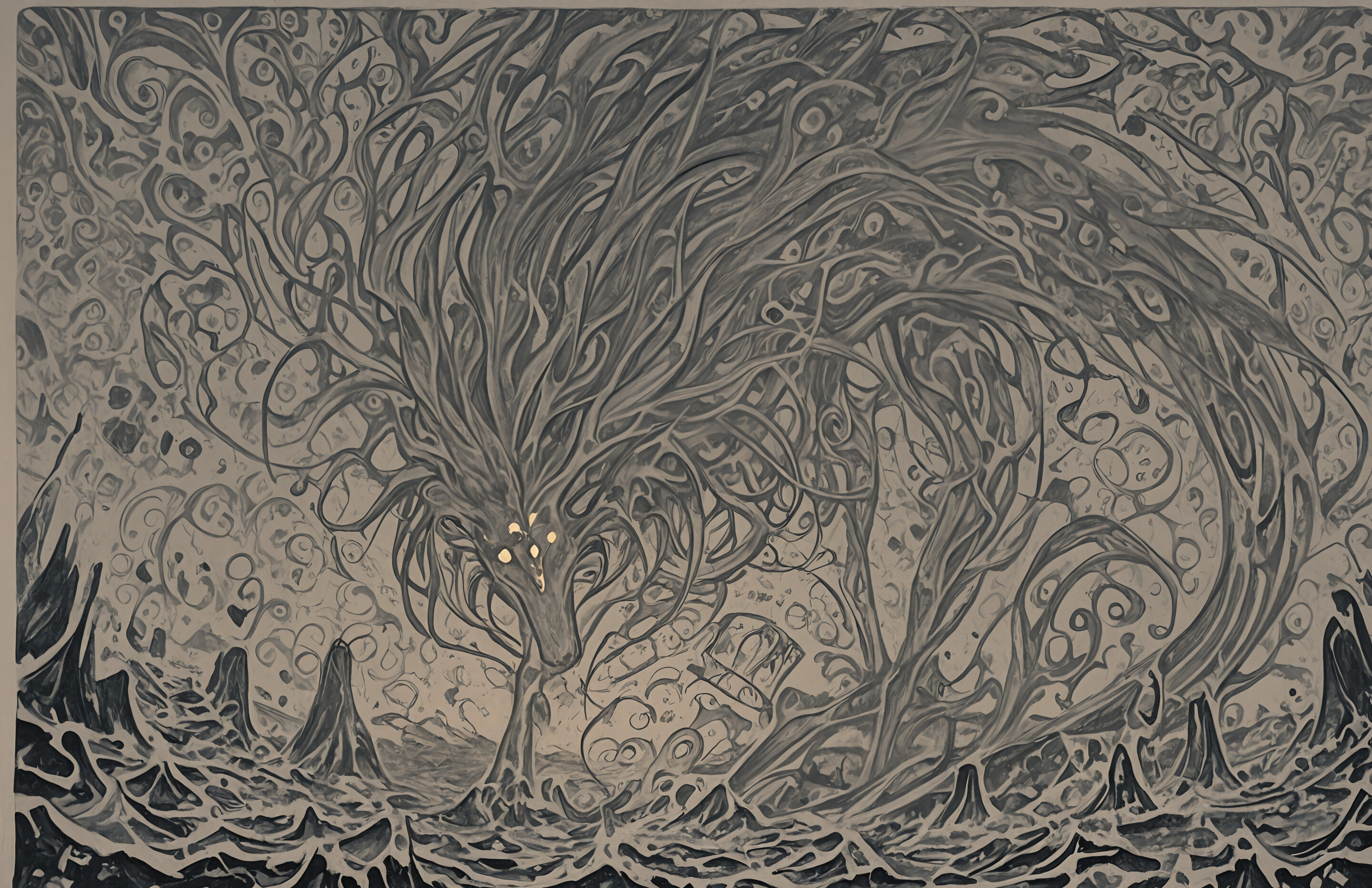 Ein abstraktes Gemälde mit einem dunklen Hintergrund, der von einem dichten, komplexen Netz aus wirbelnden goldenen Linien und Punkten bedeckt ist. In der oberen Mitte befindet sich eine einzelne, helle, leuchtende Lichtkugel, die als zentraler Blickpunkt dient.