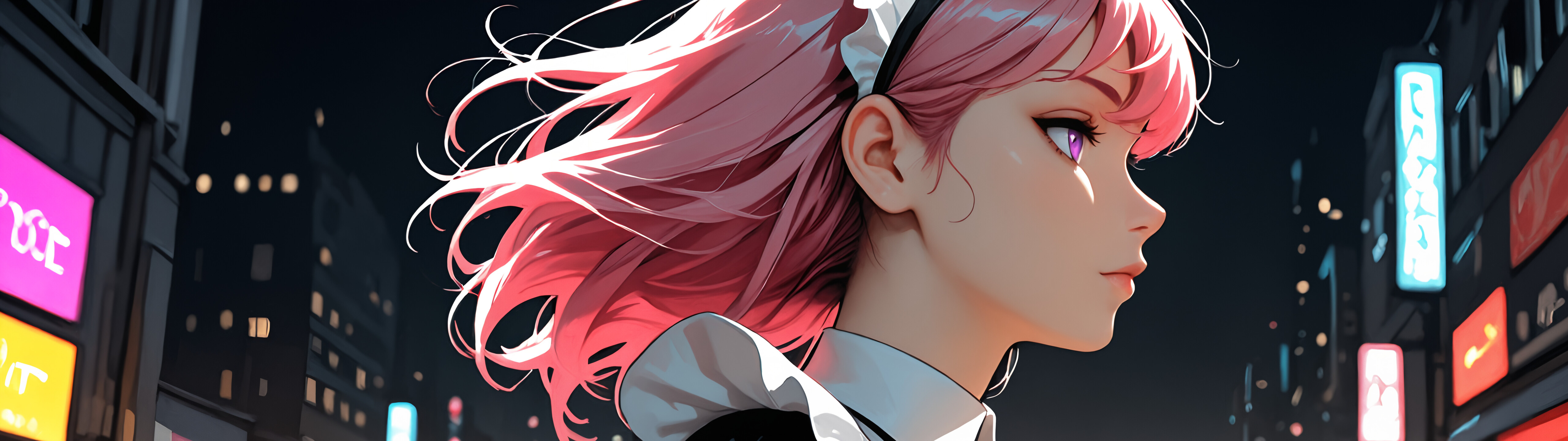 Eine im Anime-Stil gehaltene Illustration einer jungen Frau mit langen, pinkfarbenen Haaren und violetten Augen, die ein schwarz-weißes Dienstmädchenkostüm trägt. Sie steht nachts auf einer Stadtstraße, im Hintergrund sind verschwommene Neonlichter zu sehen.