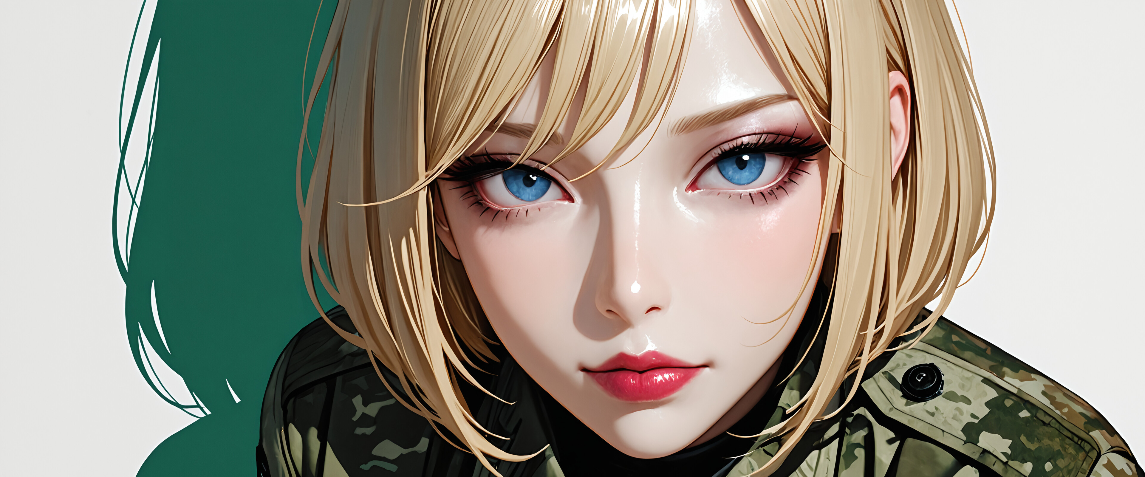 Eine detaillierte Darstellung einer schönen Soldatin mit einem kurzen, blonden Bob und intensiven blauen Augen, die eine grüne Tarnuniform und ein schwarzes taktisches Geschirr trägt und vor einem weißen Hintergrund posiert.