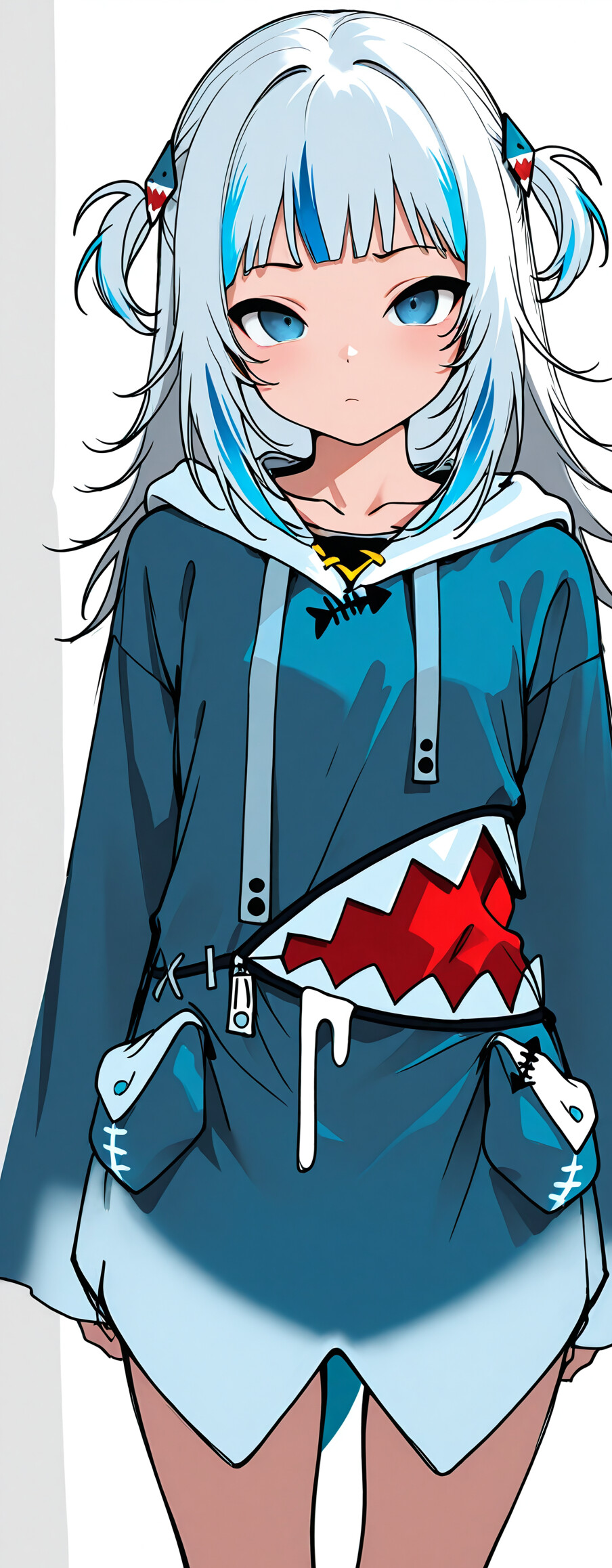 Ein digitales Porträt von Gawr Gura in Nahaufnahme, das eine Anime-Figur mit weiß-blauem Haar, blauen Augen und einem blauen Kapuzenpullover mit einem Hai-Muster zeigt, der ihr Markenzeichen ist.