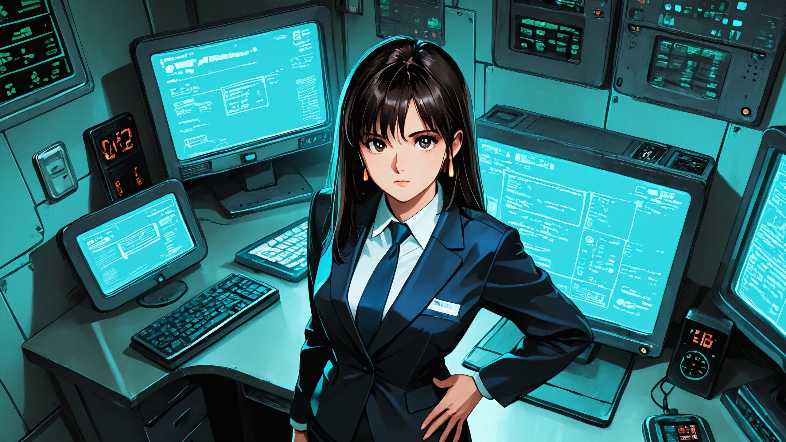 Eine im Anime-Stil gehaltene Illustration einer jungen Frau mit kurzen, schwarzen Haaren, die einen Businessanzug trägt und in einem Computerraum steht. Sie hat eine Hand auf der Hüfte und die andere auf einer Tastatur, und sie blickt direkt in die Kamera, umgeben von Bildschirmen und Uhren, die in einem blau-grünen Licht erstrahlen.