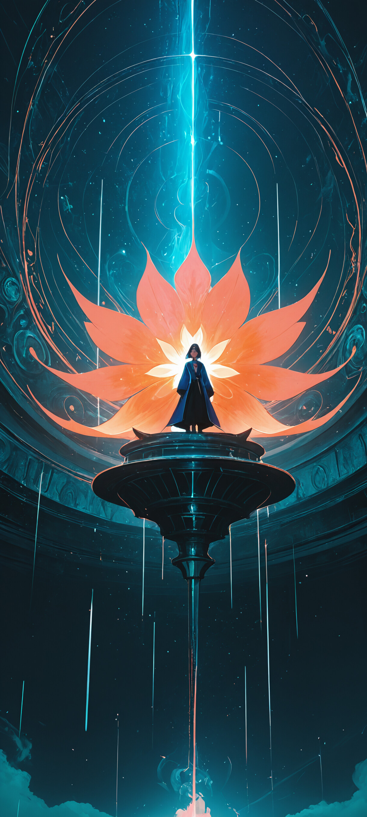 Eine Ganzkörperdarstellung einer jungen Frau mit kurzem, schwarzem Haar, die einen dunklen, futuristischen Mantel trägt und vor einem großen, leuchtenden, türkisfarbenen und roten, kreisförmigen Portal in einer dunklen, felsigen Umgebung steht.