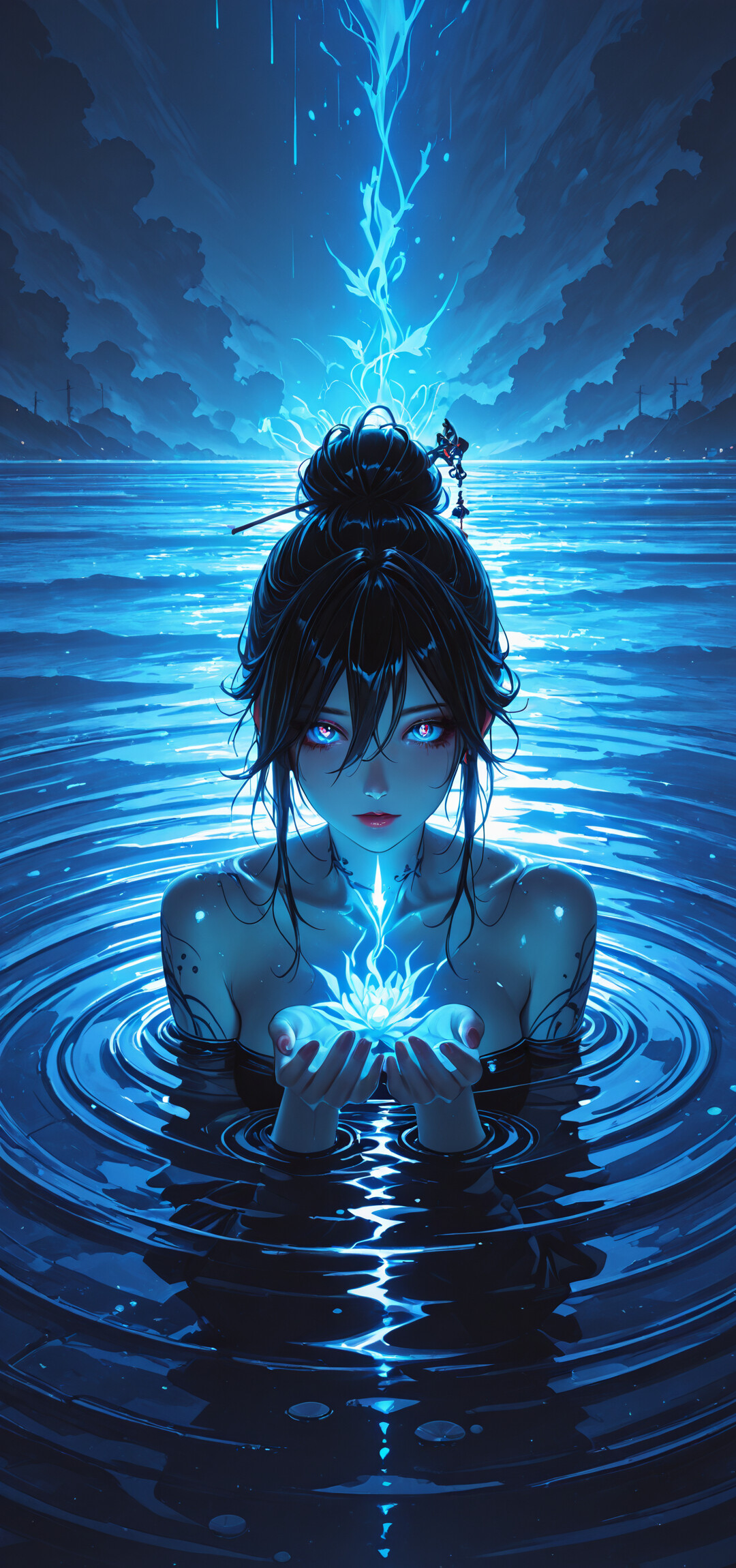 Eine im Anime-Stil gehaltene Illustration einer Frau mit schwarzen, zu einem Knoten hochgesteckten Haaren, die bis zum Hals in dunklem Wasser eintaucht, das in einem blauen Licht schimmert. Um sie herum entstehen Wellen, während sie mit durchdringenden, leuchtend blauen Augen nach vorn blickt.
