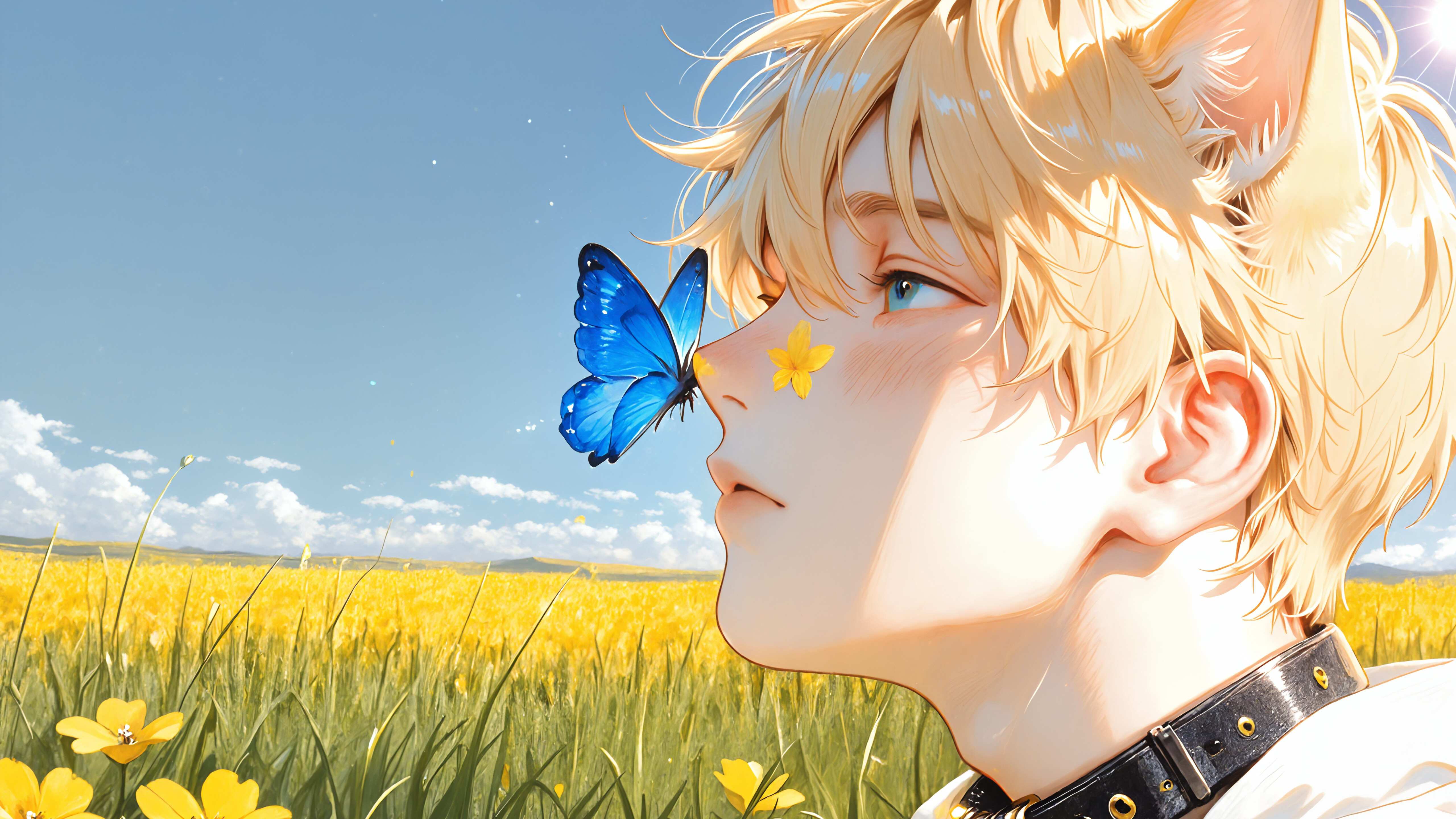 Eine im Anime-Stil gehaltene Illustration eines jungen Mannes mit blonden Haaren und Katzenohren, dargestellt im Profil. Er befindet sich auf einer sonnigen Blumenwiese mit gelben Blüten und blickt zu einem blauen Schmetterling auf, der sich in seiner Nähe befindet. Er trägt ein schwarzes Halsband und ein weißes Hemd.