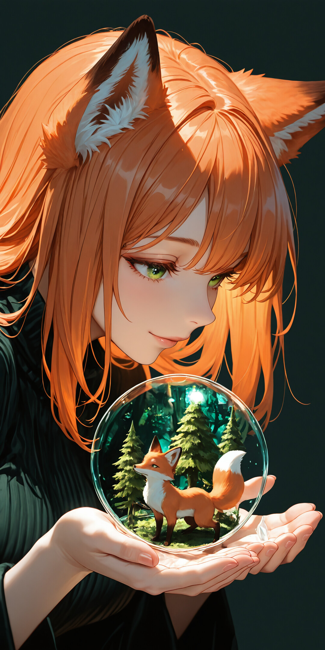Eine im Anime-Stil gehaltene Illustration eines Fuchsmädchens mit orangefarbenem Haar und grünen Augen, das eine Glaskugel hält, in der eine Miniaturwaldlandschaft zu sehen ist, begleitet von einem großen Fuchs.