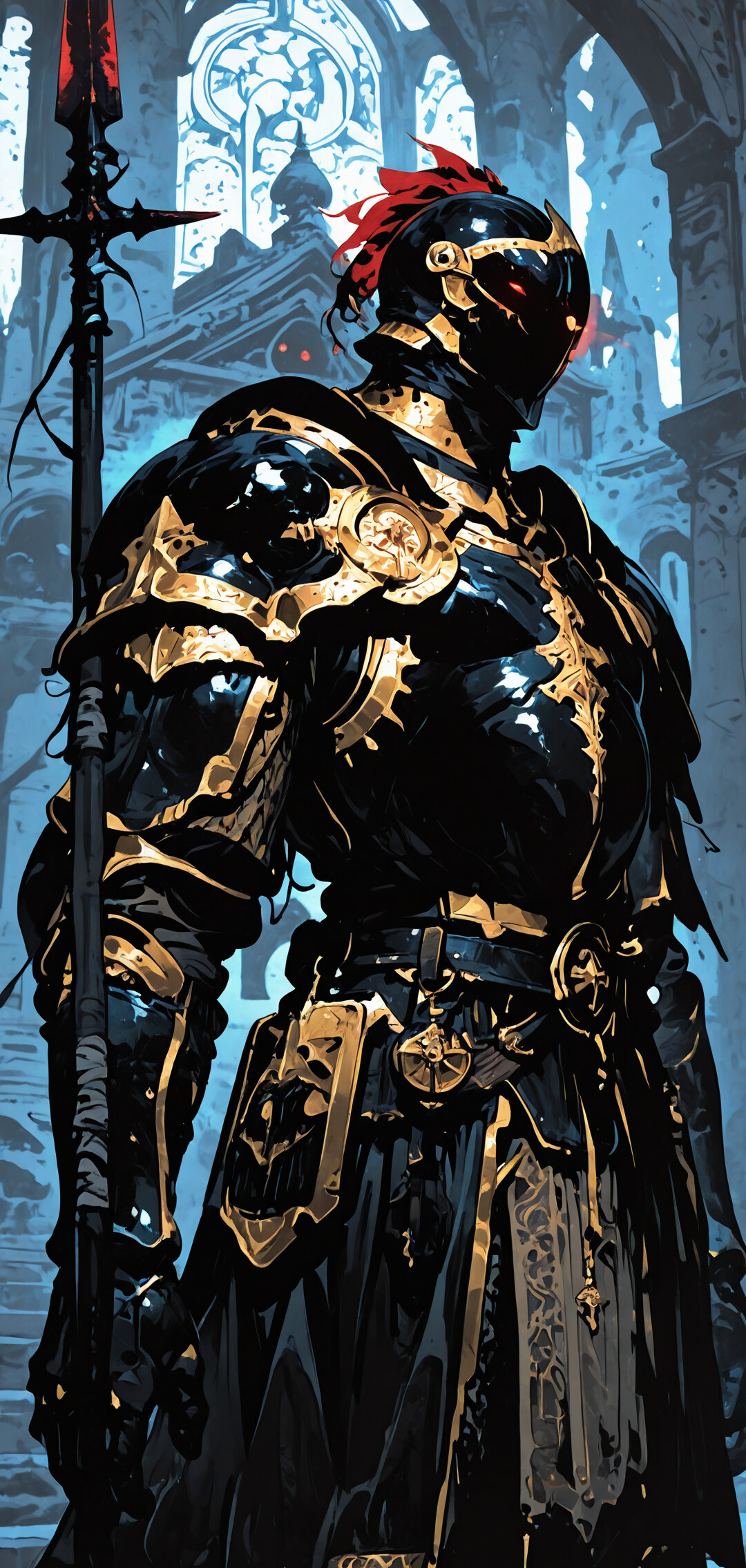 Ein großer Ritter in aufwendiger, schwarz-goldener Rüstung mit leuchtend roten Augen, der eine große Lanze hält und in einem steinernen Tempel steht, wobei ein dramatisches rotes Licht von hinten auf ihn scheint.