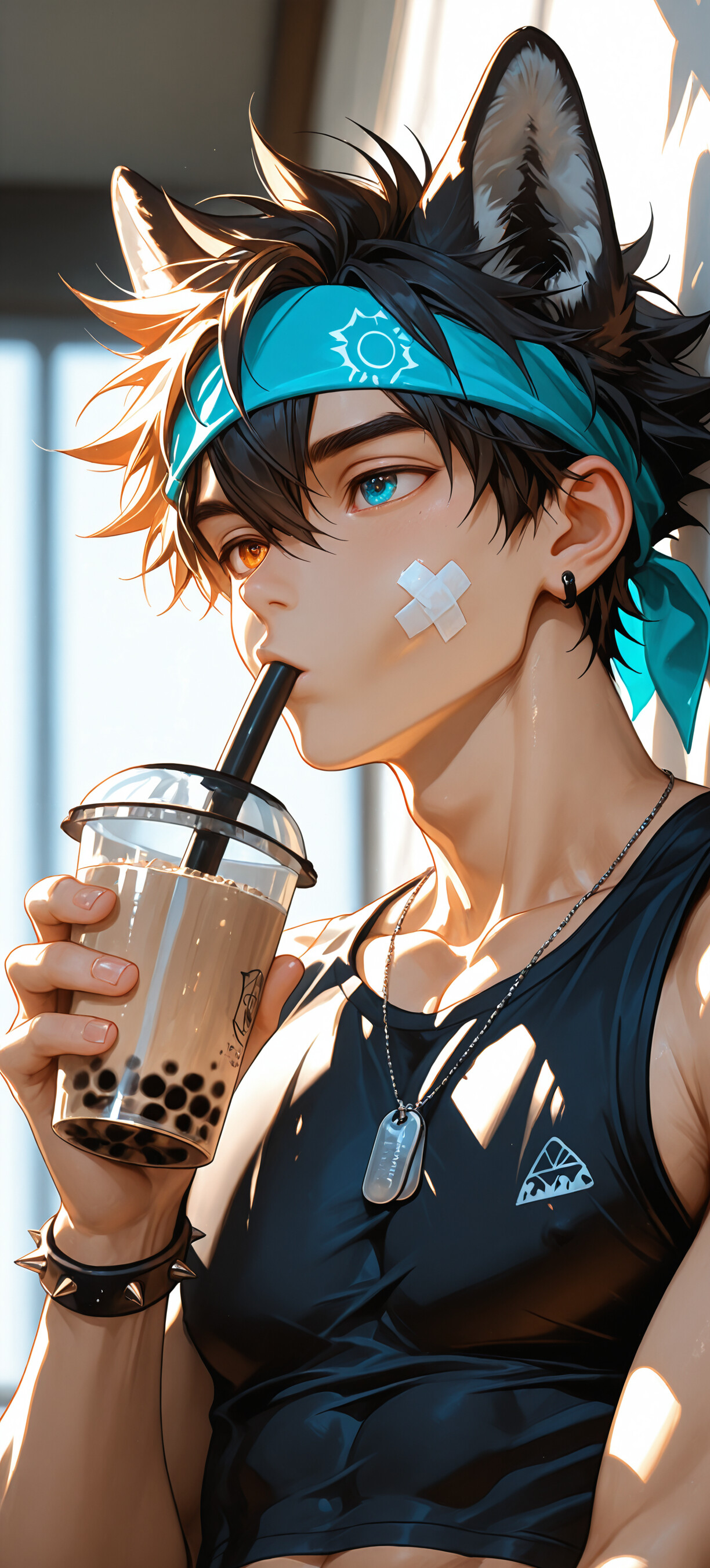 Eine im Anime-Stil gehaltene Illustration eines jungen Mannes mit weißem Haar, Wolfsohren und unterschiedlich farbigen Augen (ein Auge gold, das andere blau), der liegt und mit einem Strohhalm Bubble Tea trinkt.