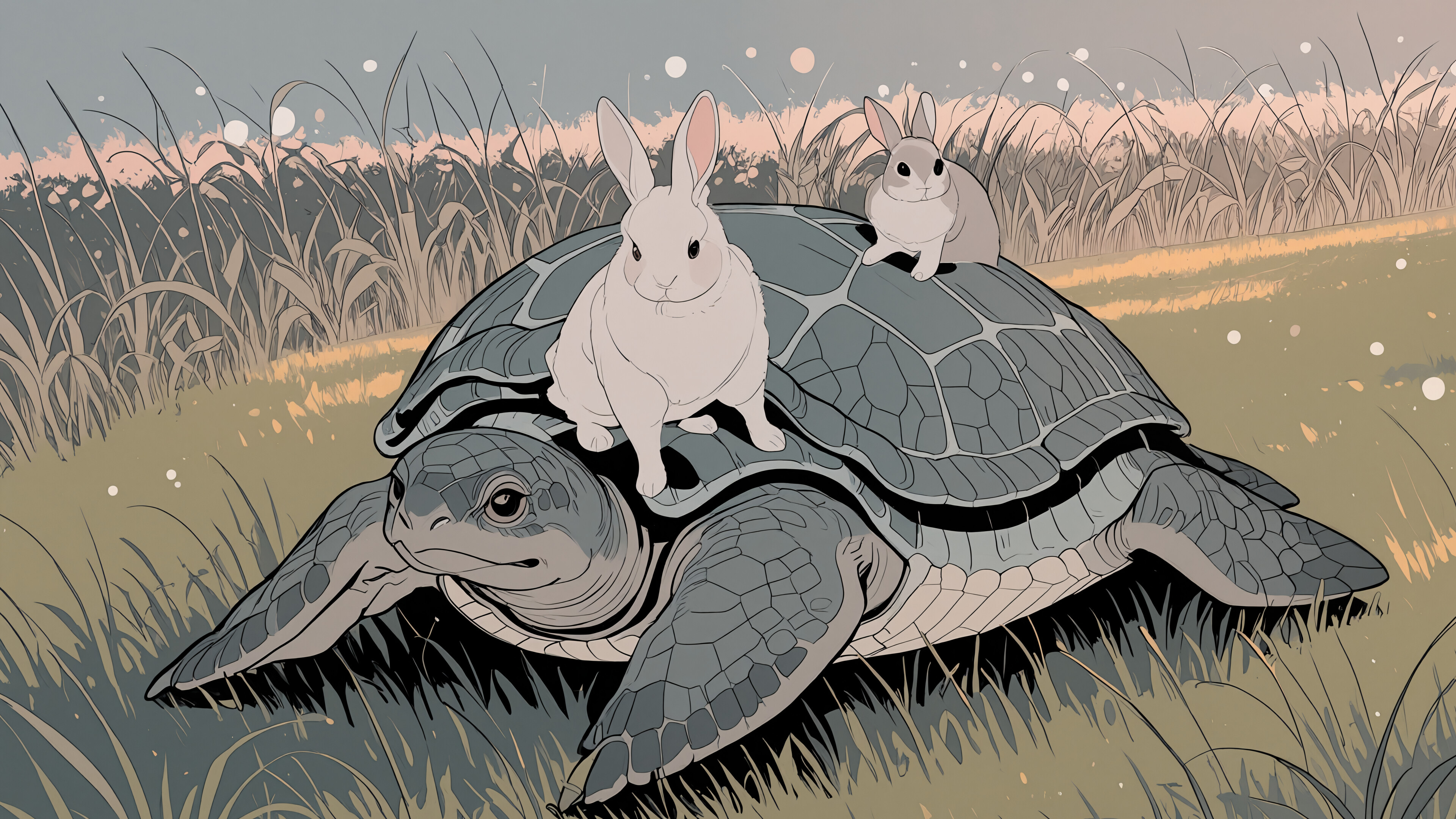 Eine moderne, im Anime-Stil gehaltene Illustration, die ein niedliches Kaninchen zeigt, das auf dem Rücken einer großen Schildkröte sitzt, während sie ein grasbewachsenes Feld überqueren.