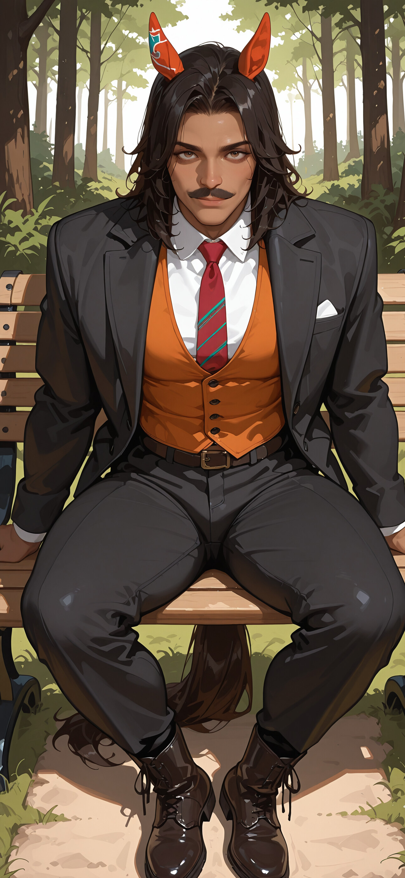 Eine digitale Illustration eines attraktiven Mannes mit brauner Haut, langen, dunklen Haaren, einem Schnurrbart und Pferdeohren, der auf einer Parkbank sitzt. Er trägt eine cremefarbene Jacke, eine orangefarbene Weste und eine rote Krawatte und blickt selbstbewusst mit einem leichten Lächeln in die Kamera. Hinter ihm liegt ein Pferdeschwanz auf dem Boden.