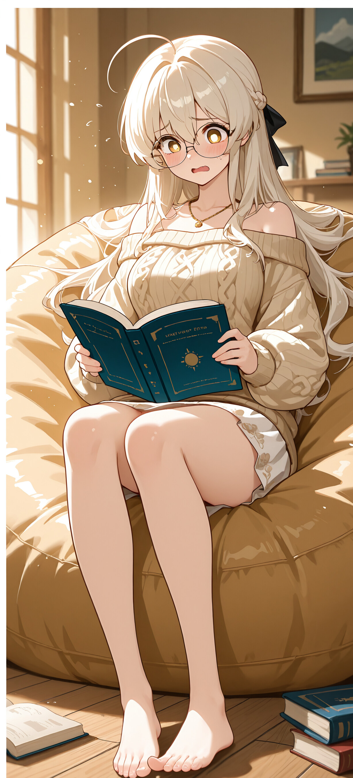 Eine Ganzkörperillustration der Figur Ajitani Hifumi aus dem Spiel Blue Archive. Sie ist ein blondhaariges Anime-Mädchen mit Brille und Heiligenschein, das auf einem weißen Sitzsack sitzt und mit einem leicht verwirrten Ausdruck ein Buch liest. Sie trägt einen cremefarbenen Pullover mit offenem Schulterbereich und einen weißen Rock in einem gemütlichen, sonnendurchfluteten Raum.