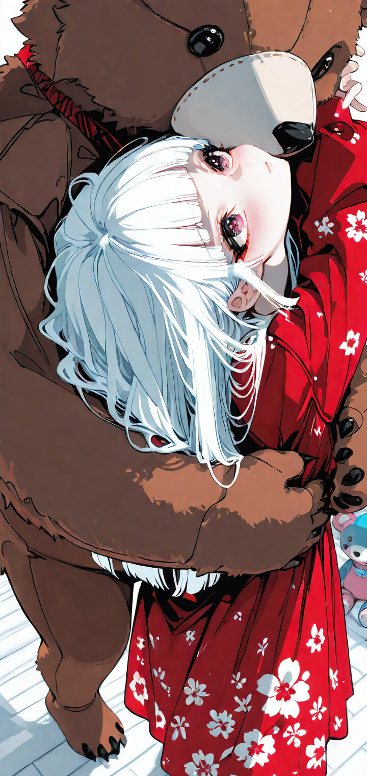 Eine im Anime-Stil gehaltene Illustration, die ein junges Mädchen mit langem, weißem Haar und rosa Augen zeigt. Es wird von hinten von einem riesigen, braunen Teddybären umarmt. Das Mädchen trägt ein rotes, geblümtes Kleid, und der Raum ist voller anderer, kleinerer Teddybären.