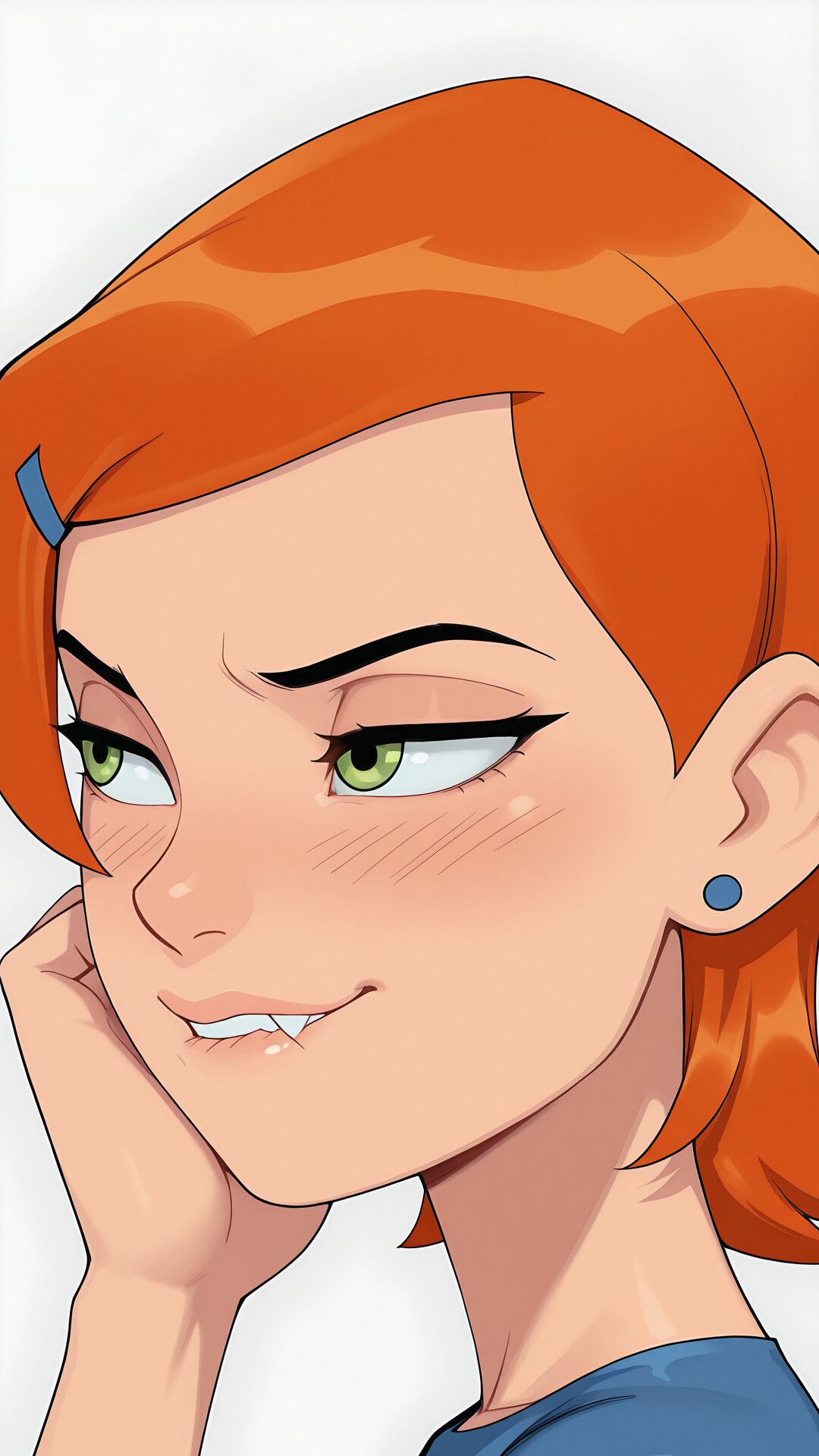 Eine detaillierte digitale Illustration von Gwen Tennyson aus der Serie „Ben 10“. Sie hat kurze, orangefarbene Haare, grüne Augen und einen blauen Ohrring. Sie blickt zur Seite, mit einem schelmischen, neckenden Ausdruck, und beißt leicht auf ihre Lippe.