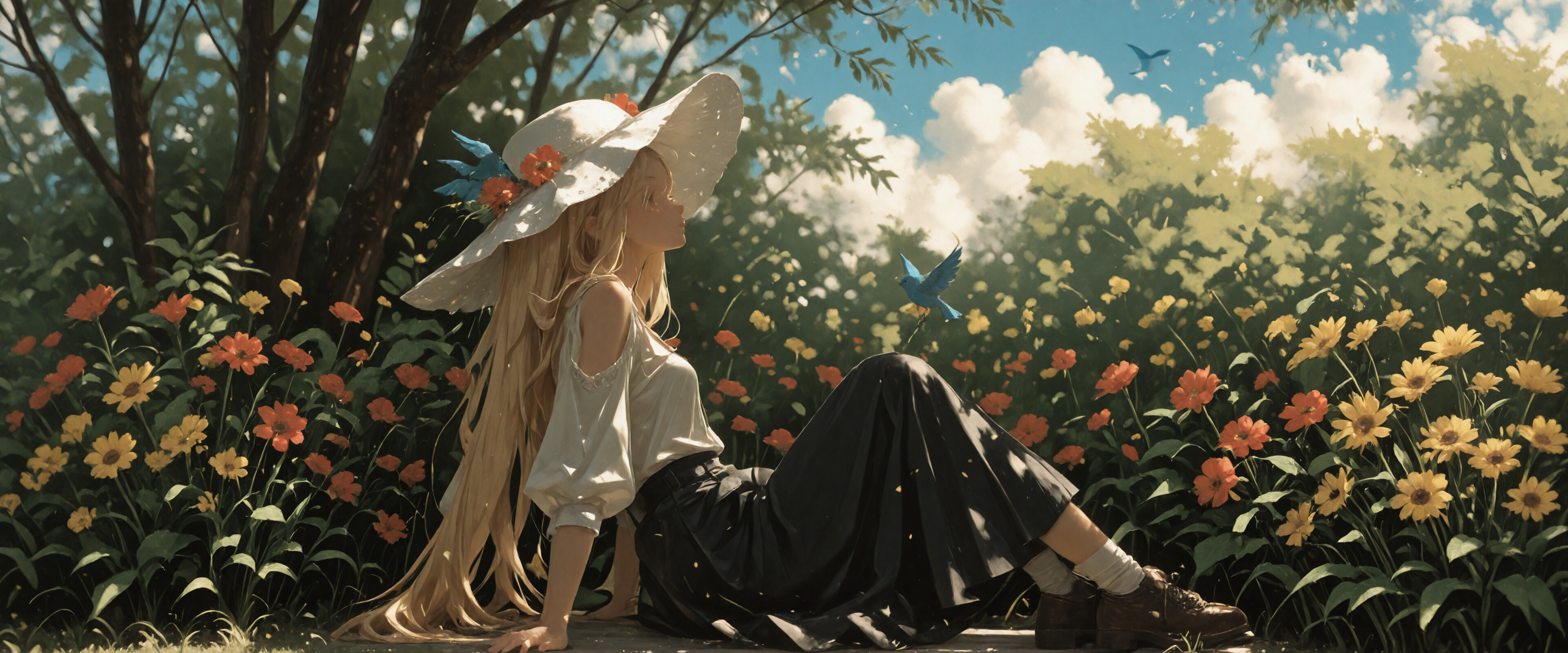 Eine im Anime-Stil gehaltene Illustration einer jungen Frau mit langen, blonden Haaren und einem großen, weißen Sonnenhut, die auf einer Wiese voller roter und gelber Blumen sitzt. Sie blickt zu einem kleinen, blauen Vogel auf, der in einem sonnendurchfluteten Wald vor ihr schwebt.