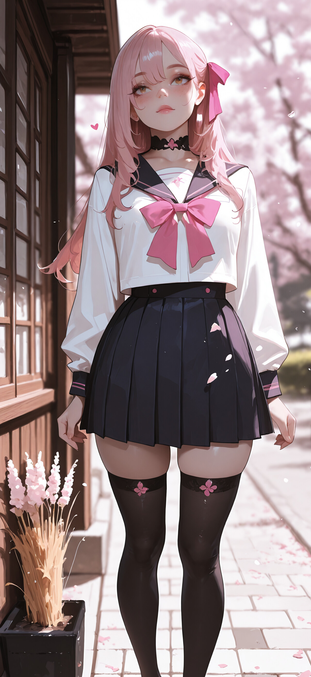 Eine im Anime-Stil gehaltene Illustration eines Mädchens mit langen, pinkfarbenen Haaren, das auf einer Steintreppe sitzt. Sie trägt eine japanische Schuluniform mit einem weißen Oberteil, einem blauen Rock, einer großen, pinkfarbenen Schleife und schwarzen, knielangen Strümpfen. Sie ist von goldenen Pflanzen und schwebenden, pinkfarbenen Blütenblättern umgeben.