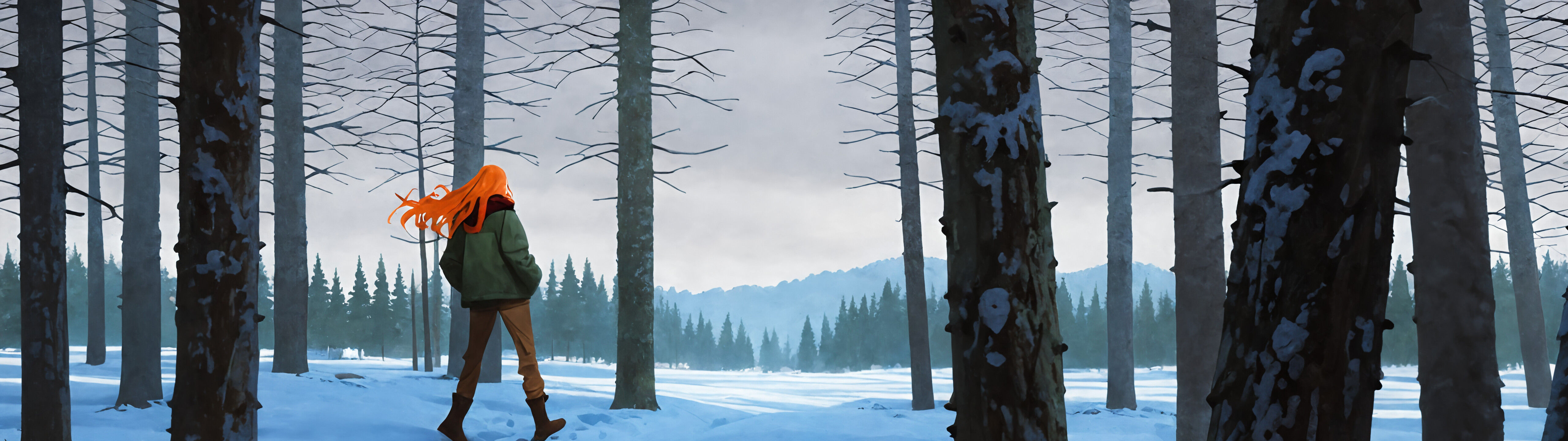 Ein Gemälde von Tulip Olsen aus der Serie „Infinity Train“, das sie von hinten zeigt, wie sie in einem schneebedeckten Kiefernwald steht. Sie hat leuchtend orangefarbenes Haar, das im Wind weht, und trägt eine grüne Jacke, einen rot-karierten Schal und eine braune Hose. Ihre Hände stecken in den Hosentaschen.