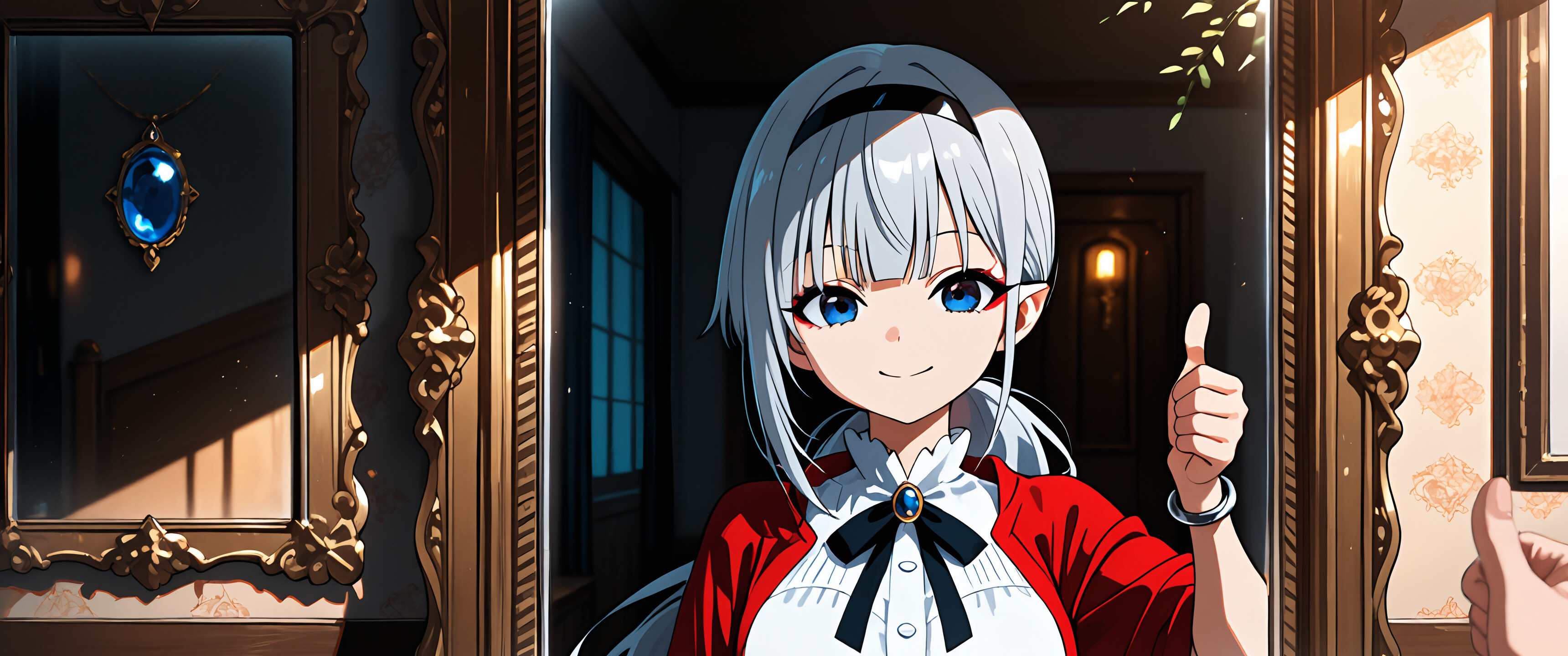 Ein Anime-Mädchen mit silbernem Haar und spitzen Ohren, Hiragi Popura, lächelt und zeigt in einem verzierten Spiegel den Daumen nach oben. Im Vordergrund ist eine Hand zu sehen, die ebenfalls den Daumen nach oben zeigt, als ob sie ihr Spiegelbild grüßen würde.