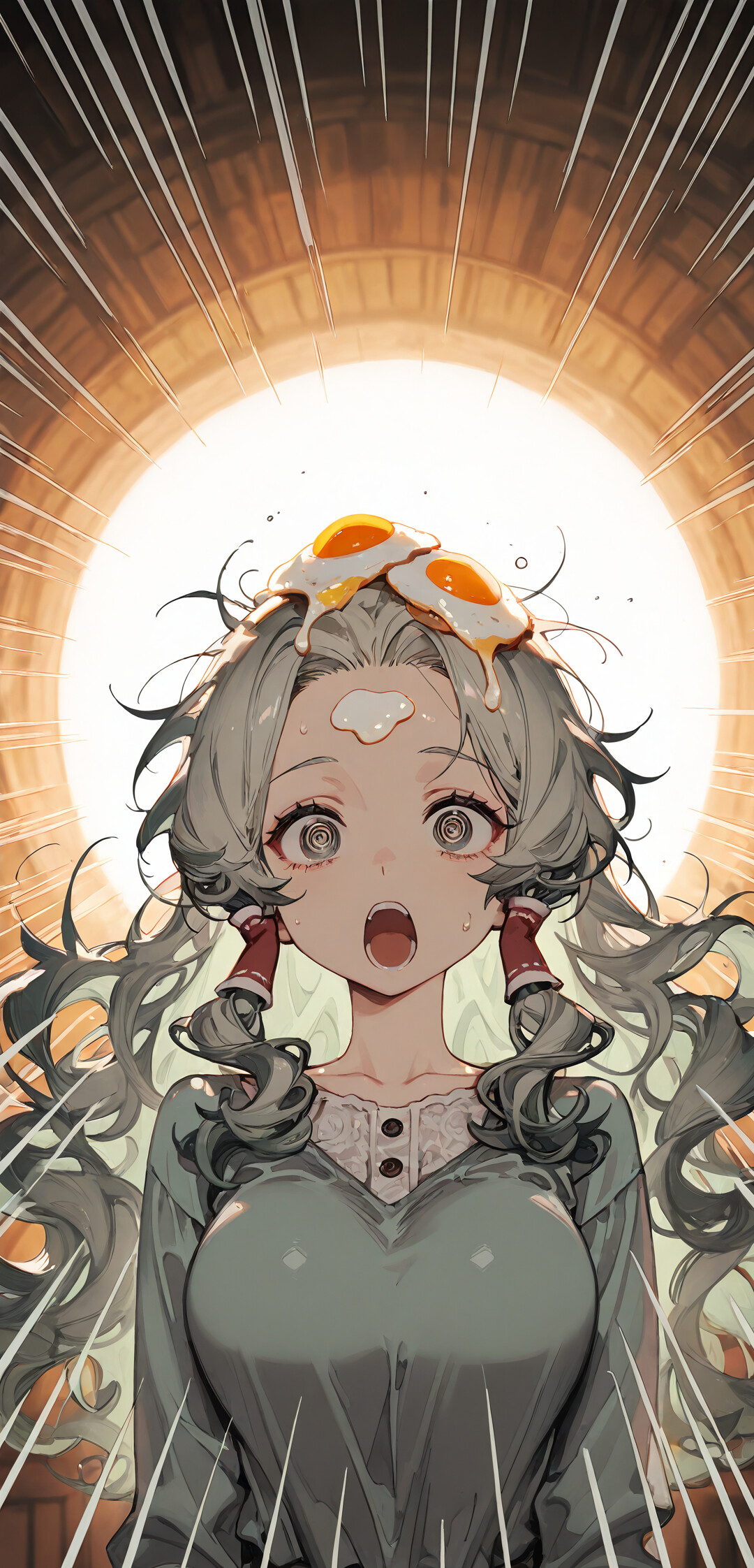 Ein Anime-Mädchen mit welligem, hellgrünem Haar und spiralförmigen Augen, das überrascht aussieht und den Mund offen hat, während zwei Spiegeleier auf seinem Kopf liegen.
