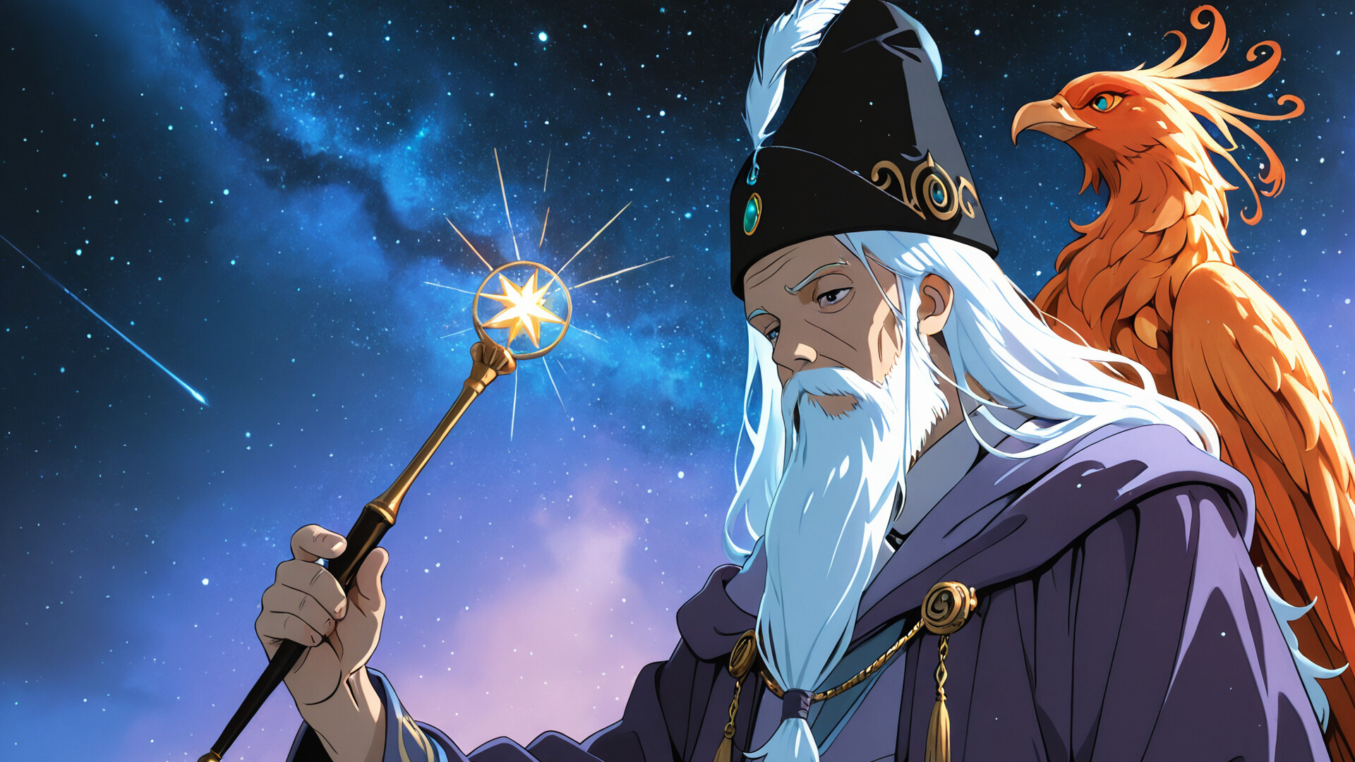 Ein im Anime-Stil gezeichnetes Porträt von Albus Dumbledore, einem Zauberer mit langem, weißem Bart und violetten Gewändern, der einen Zauberstab mit einem sternförmigen Aufsatz hält. Hinter ihm ist ein großer, orangefarbener Phönix vor einem sternenübersäten Nachthimmel zu sehen.
