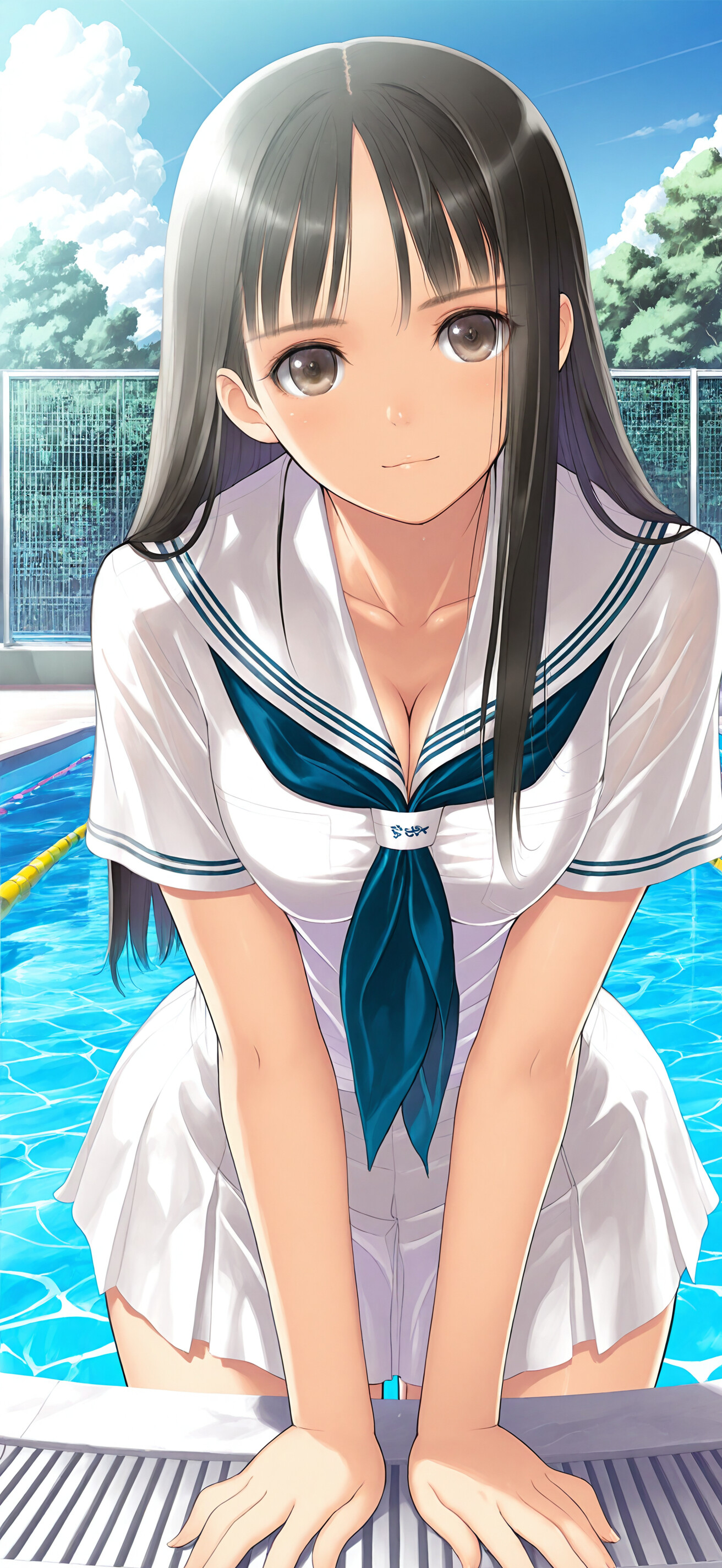 Eine im Anime-Stil gehaltene Illustration einer jungen Frau mit langen, schwarzen Haaren und braunen Augen, die eine japanische Schuluniform trägt und sich neben einem leuchtend blauen Schwimmbecken leicht nach vorne beugt.