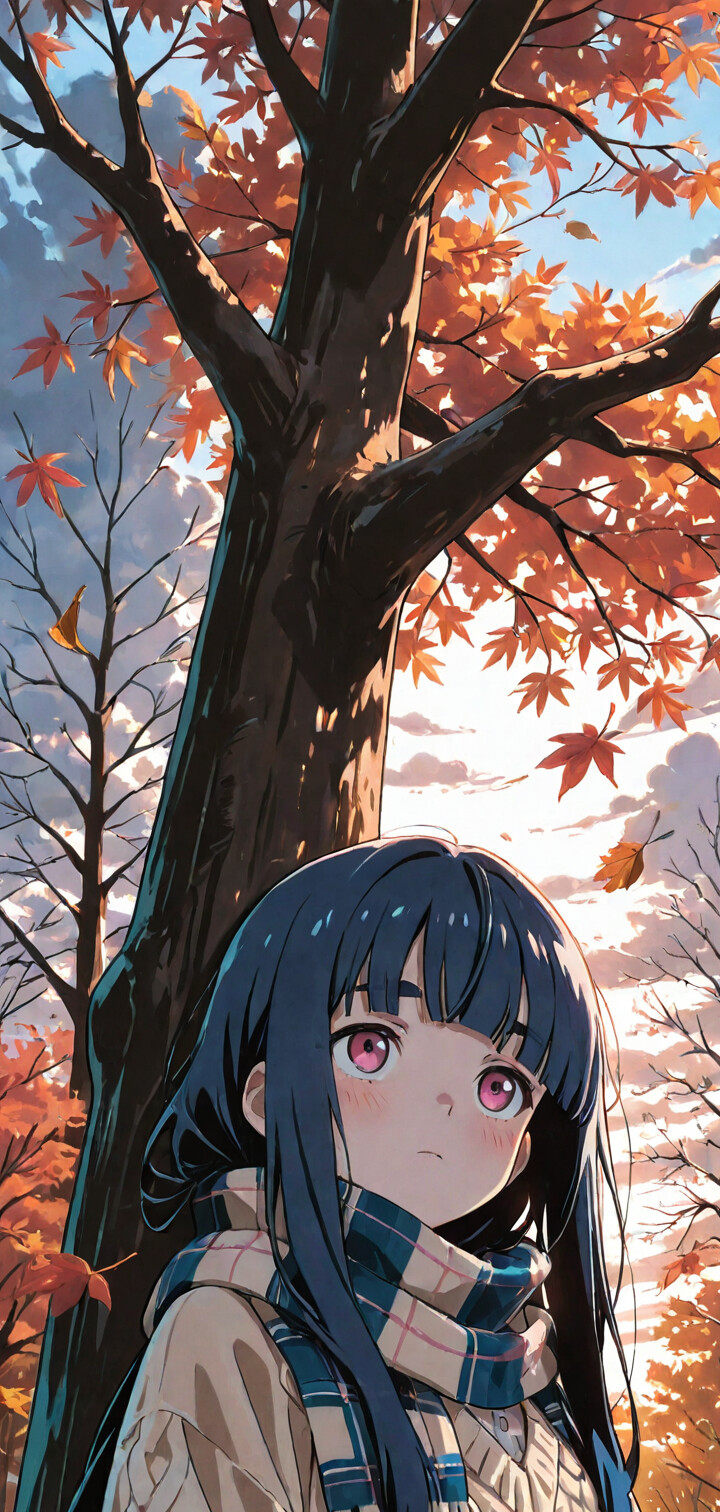 Eine Anime-Illustration von Akane Kinoshita aus „Loving Yamada at Lv999!“, mit dunkelblauem Haar und einem karierten Schal, die unter einem Baum mit leuchtend orangefarbenen Herbstblättern steht.