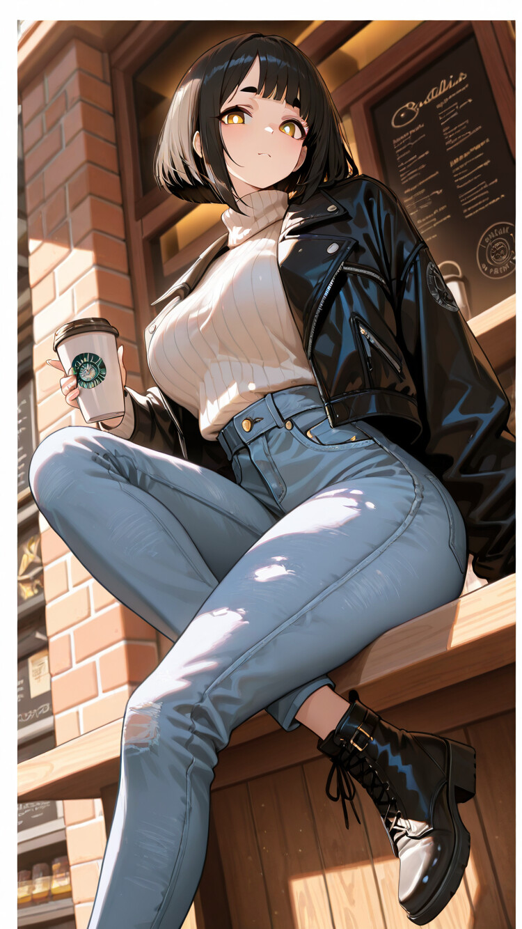 Eine im Anime-Stil gehaltene Illustration einer jungen Frau mit kurzen, schwarzen Haaren und einer Lederjacke, die an einem Tresen vor einem Café sitzt und eine Kaffeetasse hält.