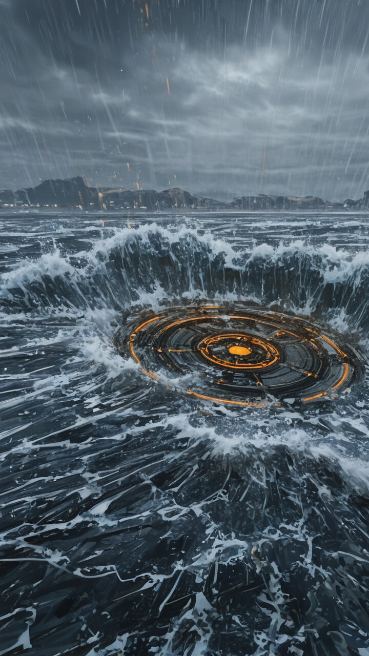 Ein beeindruckendes Fantasy-Gemälde, das eine stürmische See zeigt, in der sich eine riesige, baumförmige Wassersäule erhebt und von innen mit einem hellblauen Licht erstrahlt. Von einem dunklen, bewölkten Himmel fällt Regen auf das aufgewühlte Meer und ein felsiges Ufer.