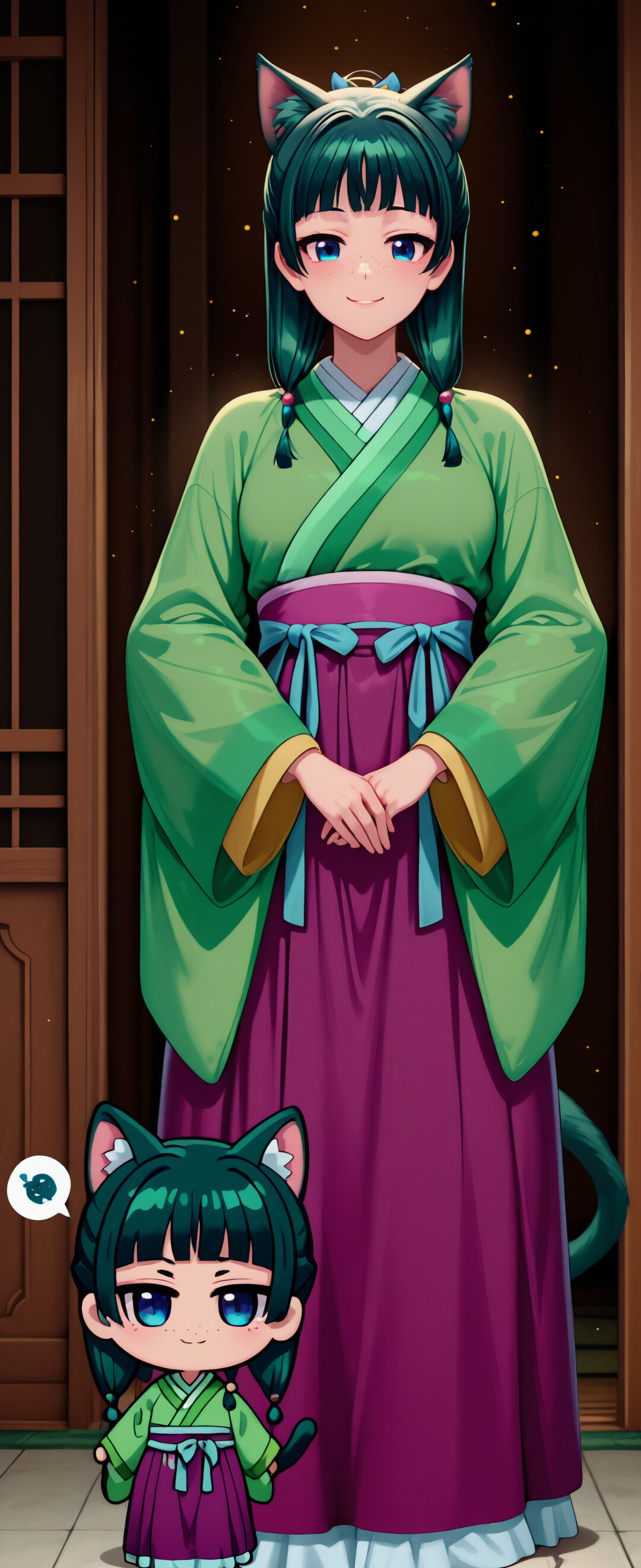Eine Ganzkörper-Chibi-Illustration der Figur Maomao aus „Die Apothekerin“, neu interpretiert als Katzenmädchen. Sie hat grünes Haar mit Katzenohren und einem Schwanz, große blaue Augen und Sommersprossen. Sie trägt ein traditionelles, grün-violettes Outfit und steht in einem Raum mit Türen im japanischen Stil.