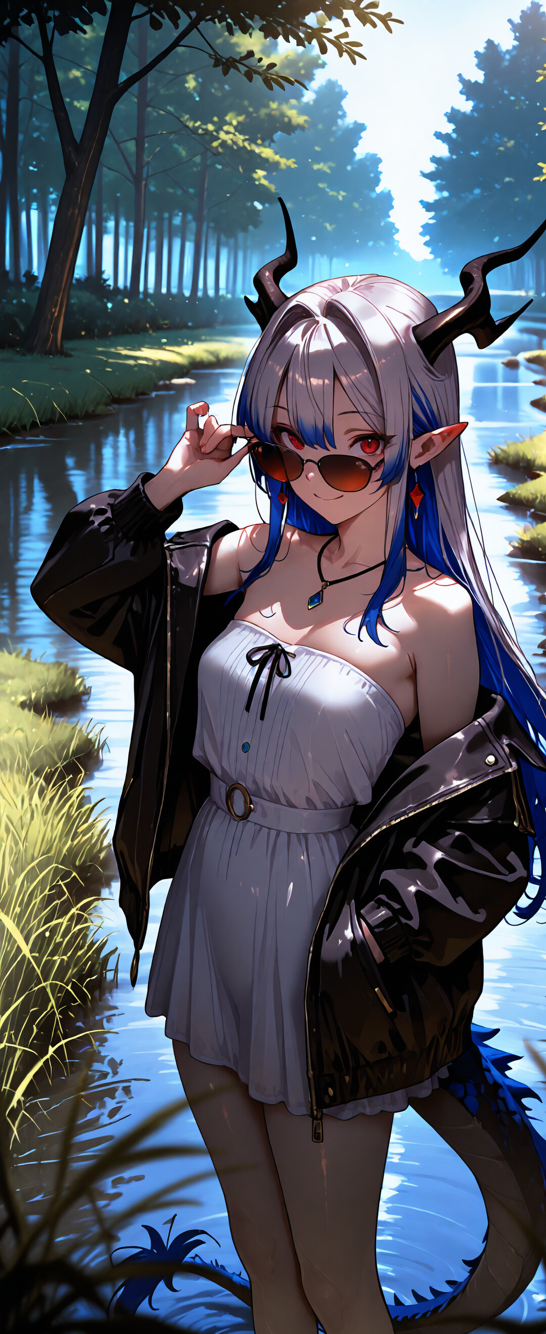 Eine im Anime-Stil gehaltene Illustration der VTuberin Selen Tatsuki als Drachenmädchen. Sie hat langes, silber-blaues Haar, blaue Hörner und rote Augen. Sie trägt ein weißes Kleid, eine schwarze Jacke und eine rote Sonnenbrille und lächelt dabei am Ufer eines Flusses in einem Wald.