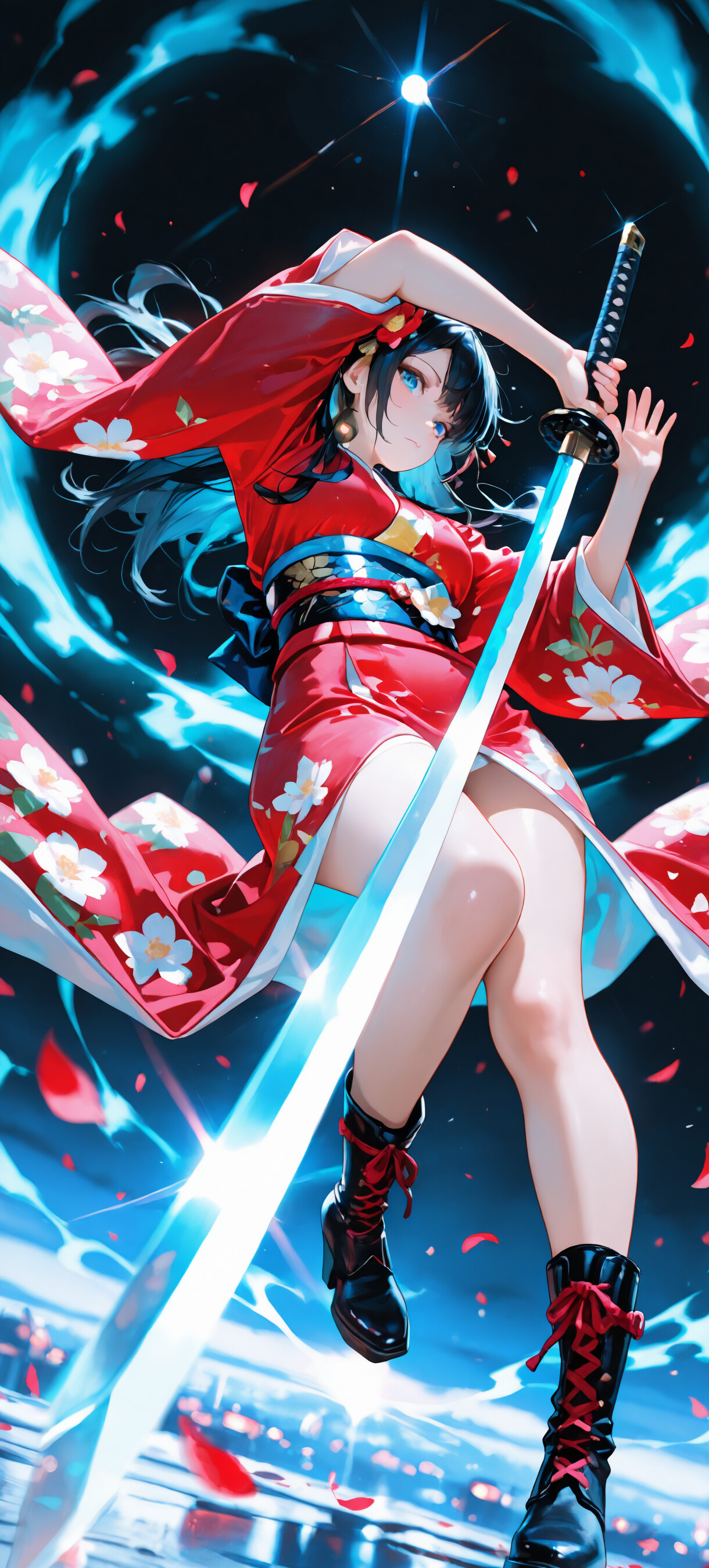 Eine Ganzkörperillustration einer jungen Anime-Frau in einem roten, mit Blumenmustern versehenen Kimono und schwarzen Kampfstiefeln, die in einer dynamischen Pose ein Katana-Schwert hält. Der Hintergrund ist dunkel und mit blauen Lichteffekten und roten Blütenblättern versehen.