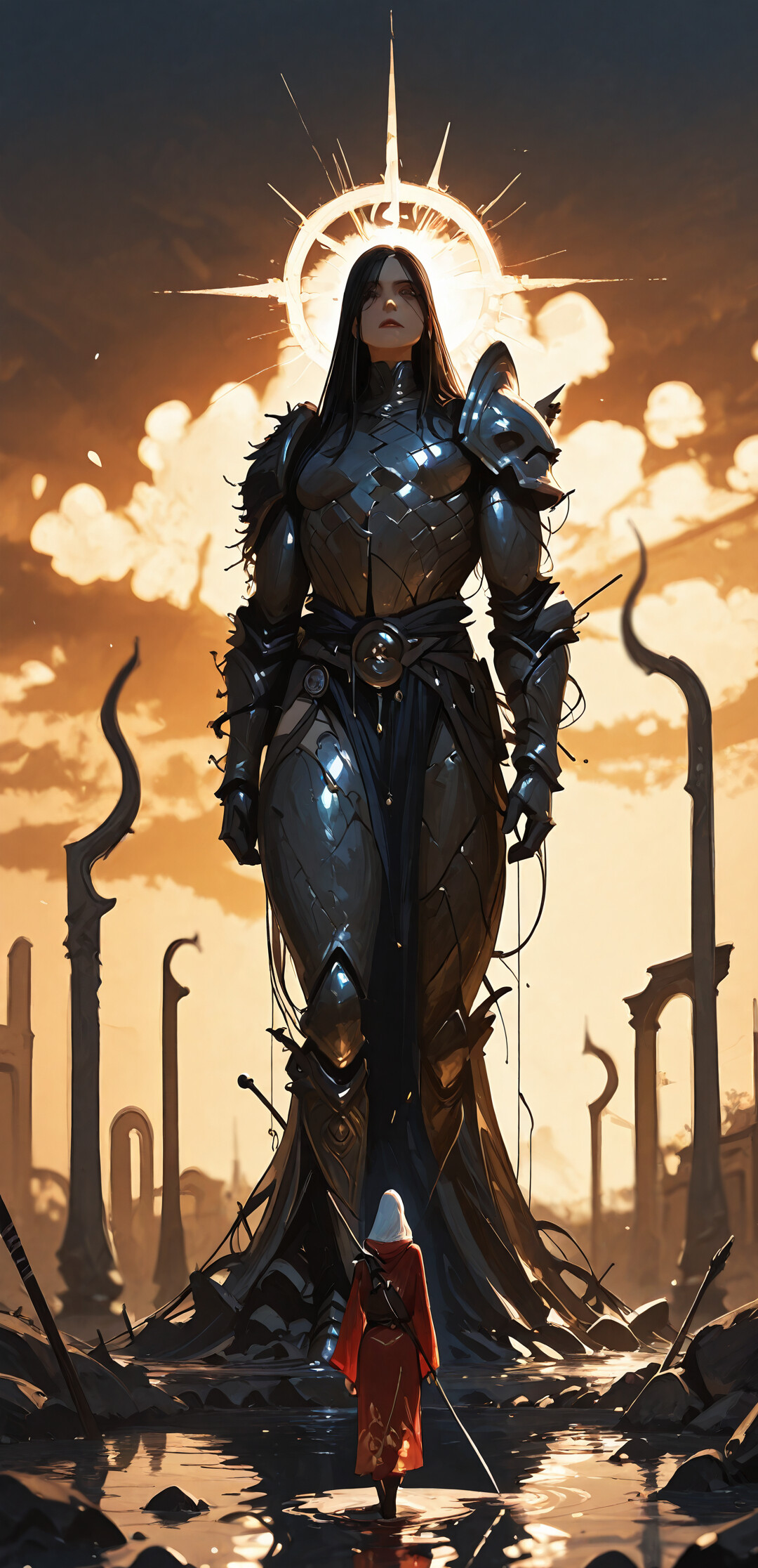 Ein Fantasy-Krieger in einem roten, kapuzenartigen Gewand und schwarzer Rüstung schreitet bei Sonnenuntergang durch das flache Wasser einer überfluteten, alten Stadtstraße, flankiert von großen Steinstatuen.