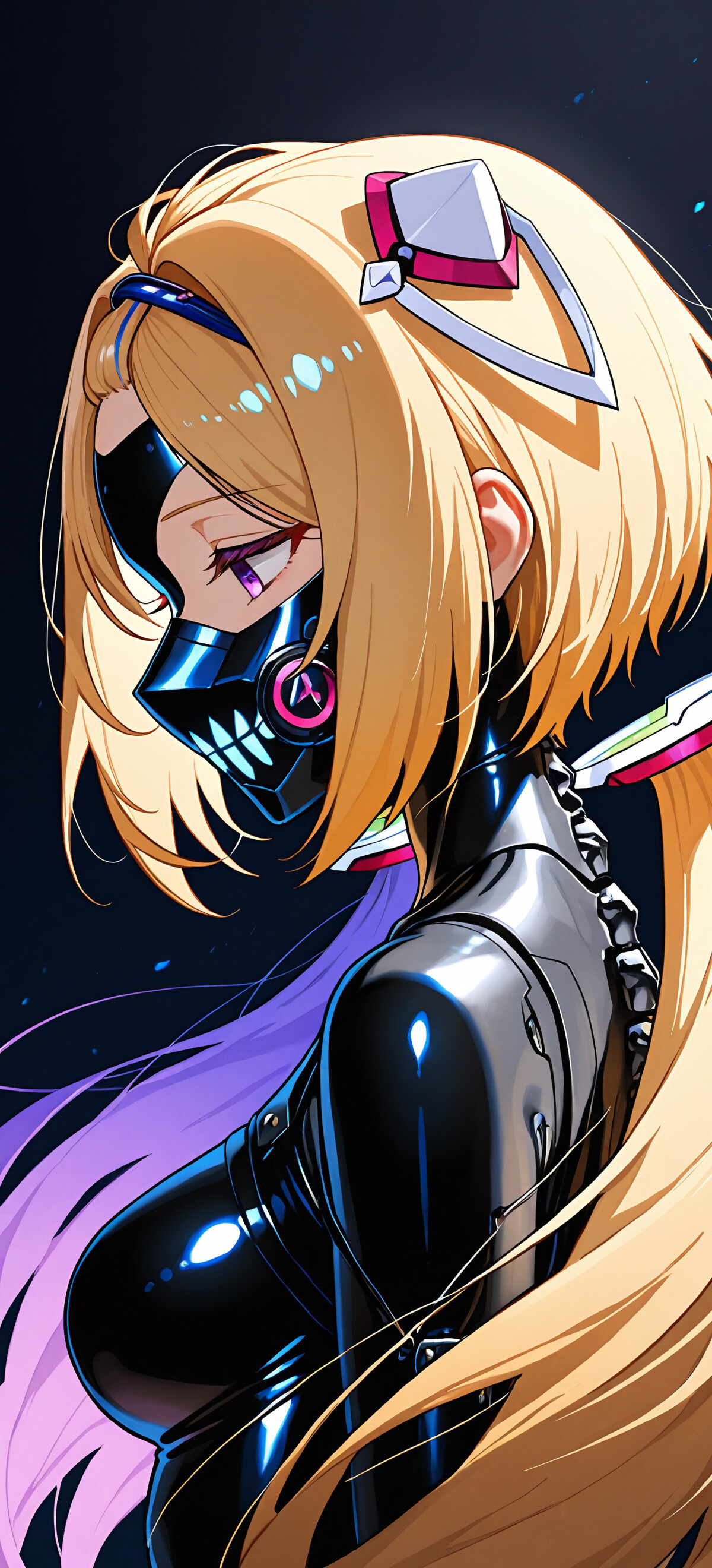 Eine im Anime-Stil gehaltene Illustration der VTuberin Aki Rosenthal in einem Cyberpunk-Setting. Sie hat blondes Haar, das zu zwei tief sitzenden Zöpfen gebunden ist, und trägt einen leuchtenden, schwarzen Cybersuit und eine mechanische Maske. Sie ist im Profil dargestellt, blickt nach unten, vor einem dunklen Hintergrund mit Kabeln.