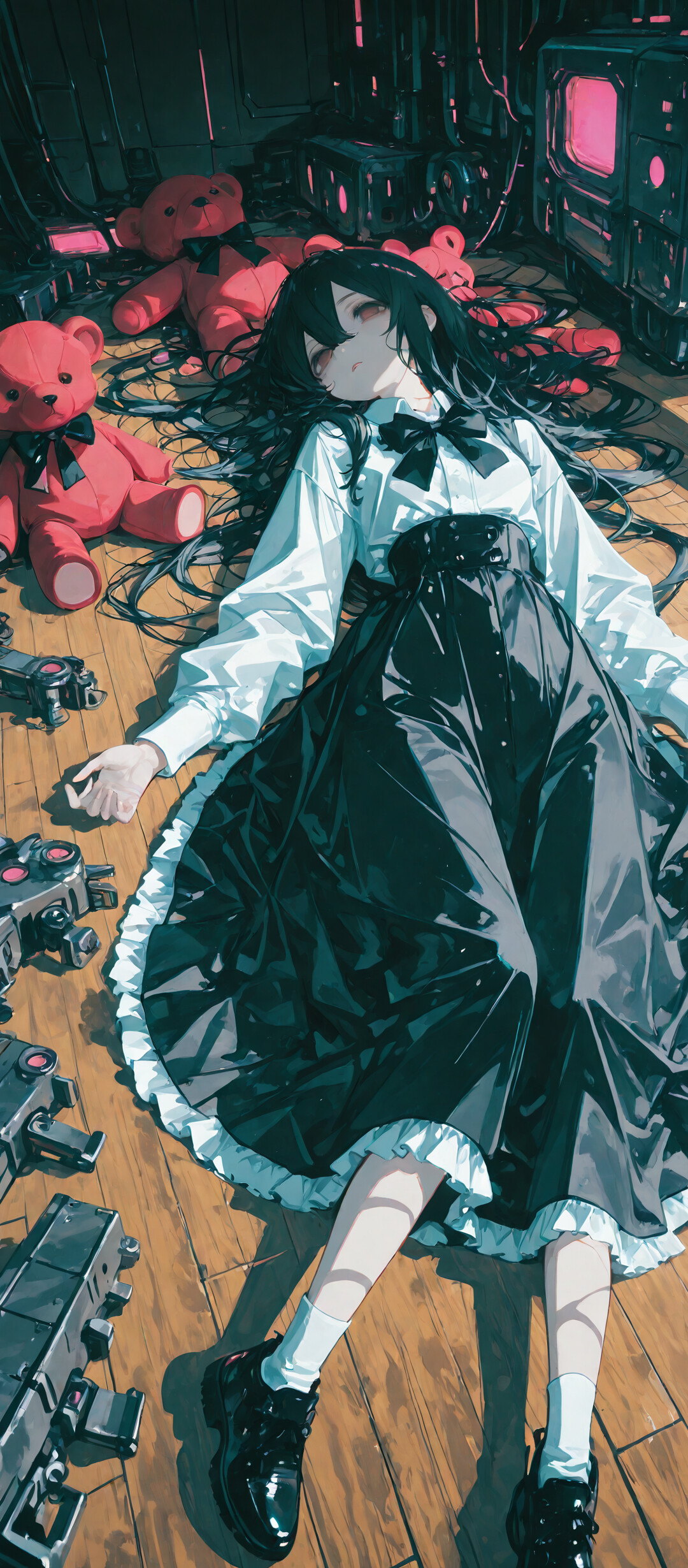 Eine Ansicht von oben zeigt ein Anime-Mädchen mit langen, schwarzen Haaren, das auf einem Holzboden in einem Science-Fiction-Raum liegt. Es trägt ein weißes Hemd und einen schwarzen Rock und ist von Maschinen umgeben, die leuchtend rote Bildschirme haben, sowie von einem kleinen Teddybären.