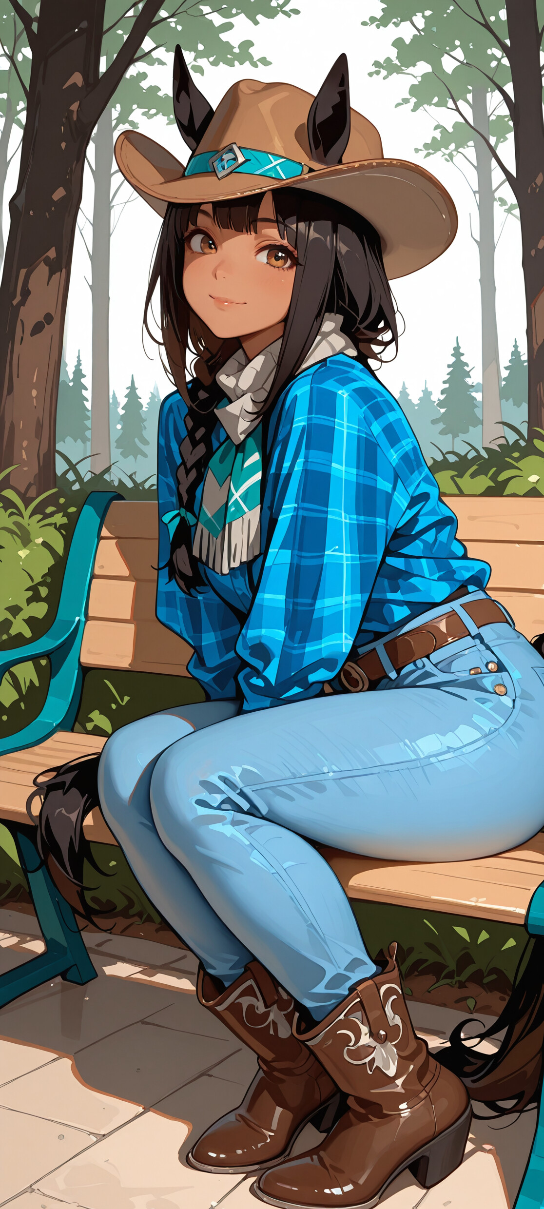 Ein im Anime-Stil gezeichnetes Mädchen mit Pferdeohren, gebräunter Haut und einem Cowboyhut, das als El Condor Pasa identifiziert wird und auf einer Parkbank in einem Wald sitzt. Sie trägt ein kariertes Hemd und eine Jeans und lächelt freundlich den Betrachter an.